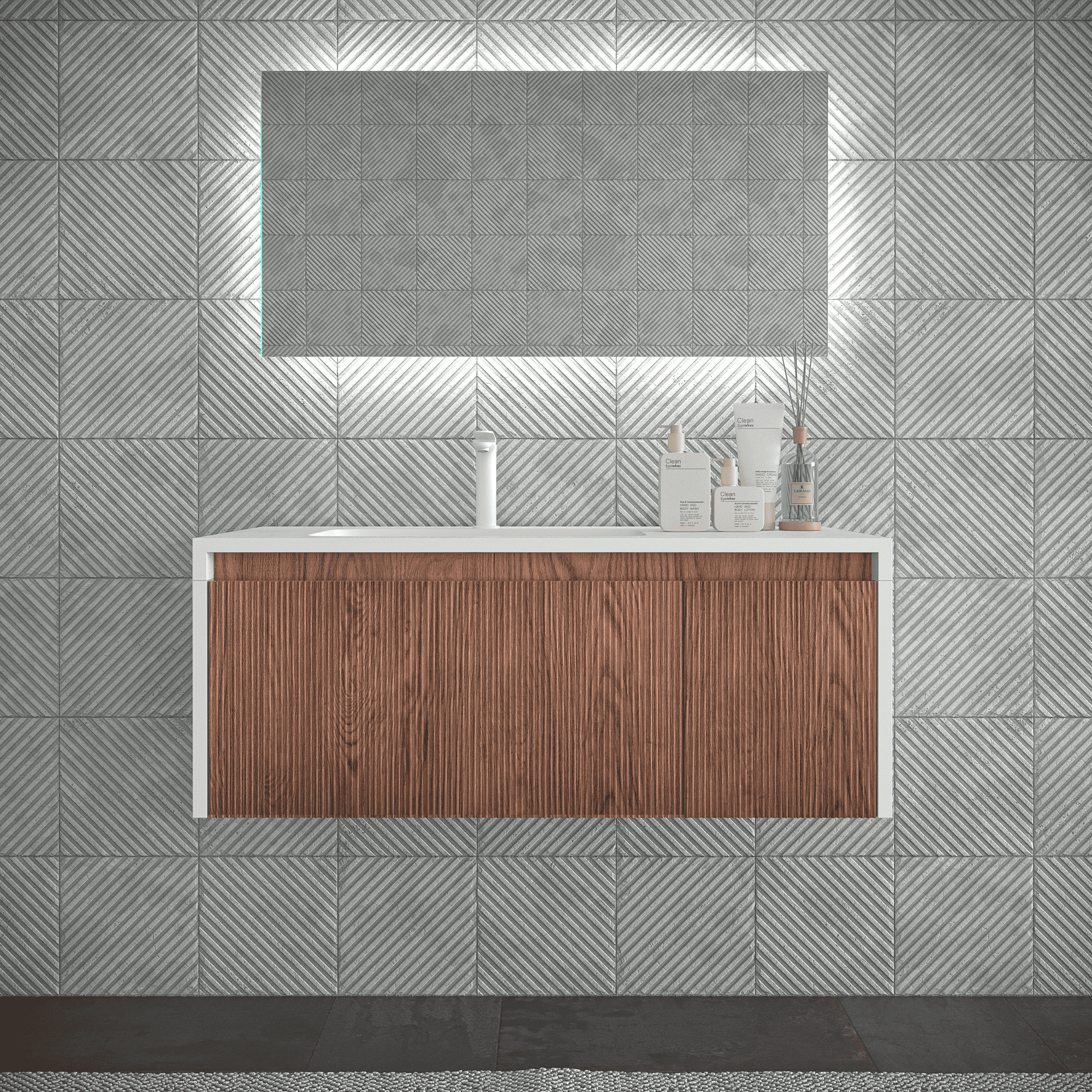 Varobath | mueble lavabo de baño moderno suspendido en madera blanca y acanalado con 2 cajones con cierre amortiguado.