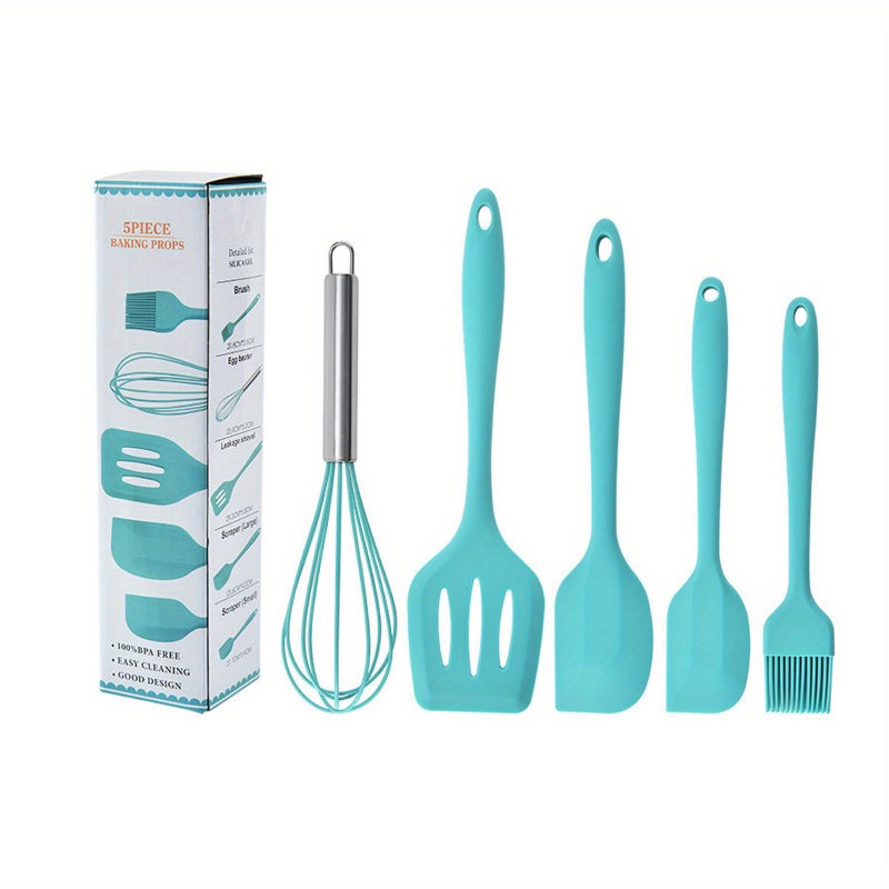 Zestaw 5 nieprzywierających silikonowych przyborów kuchennych Szpatułka, łopatka, ubijaczka do jajek, silikonowy uchwyt, niebieski