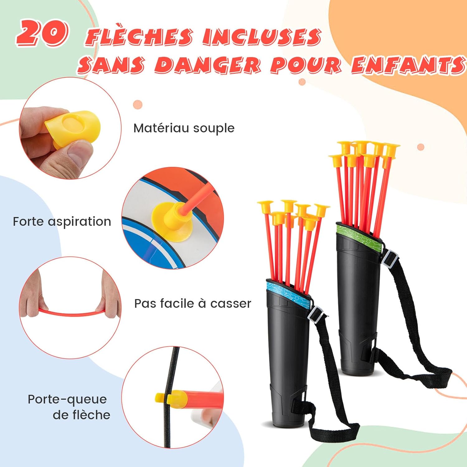 Arcs et Flèches Enfants, Ensemble Tir à l'arc à LED avec 20 Flèches à Ventouse, 2 Carquois, Jeu de Tir Intérieur Extérieur pour 3 à 12 Ans - 3