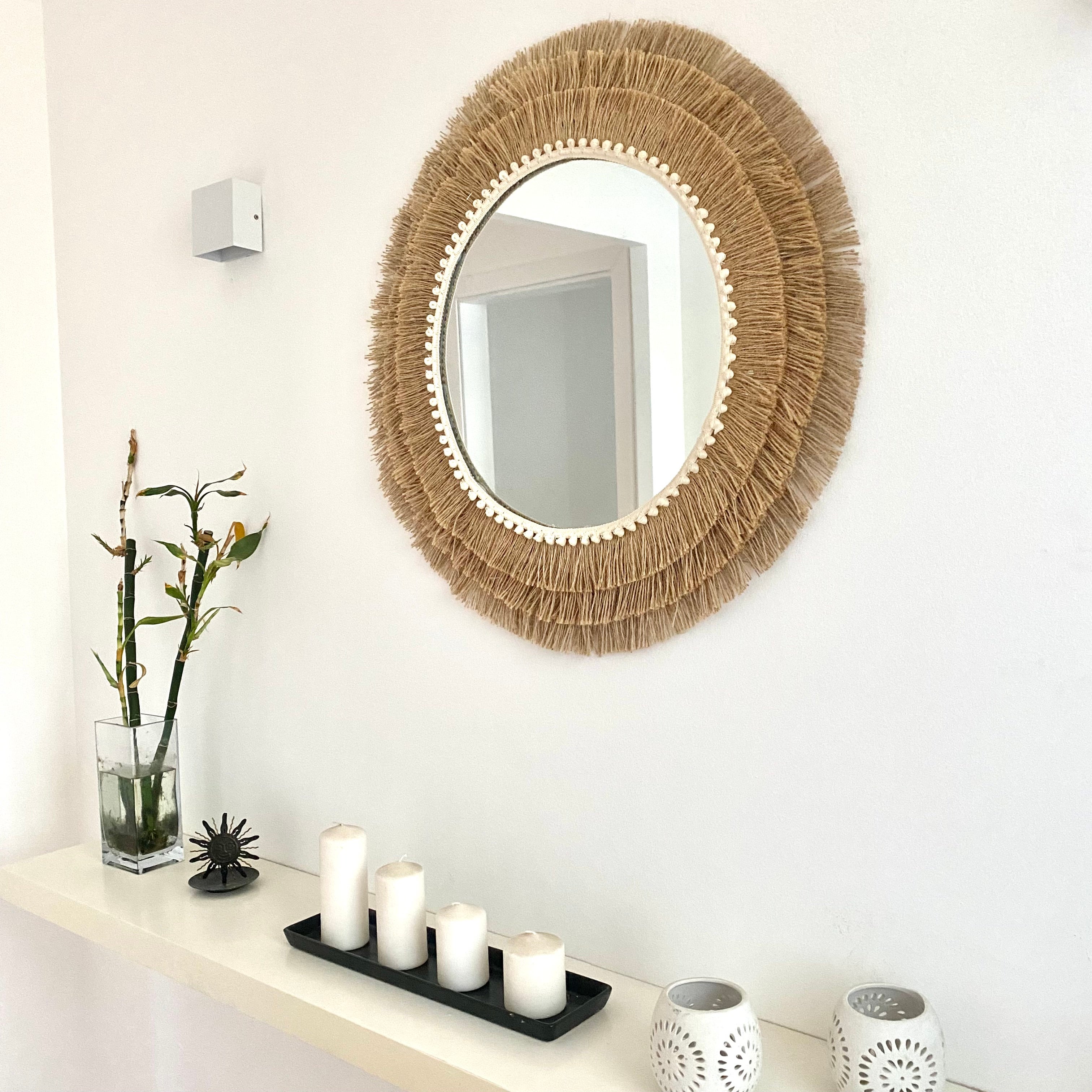 Miroir rond en corde de jute naturelle, franges et fibres naturelles Décoration murale de style ethnique - MIRROR JUTE III BALLS 35cm - 3