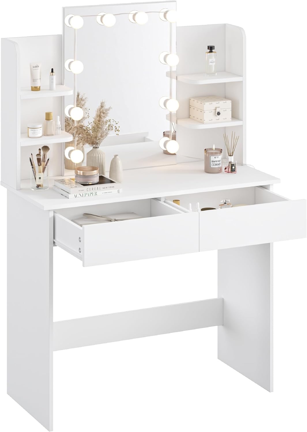 Coiffeuse avec Miroir LED à Luminosité Réglable - 2 Tiroirs et 4 Étagères de Rangement - Table de Maquillage - Blanc - WOLTU - 4