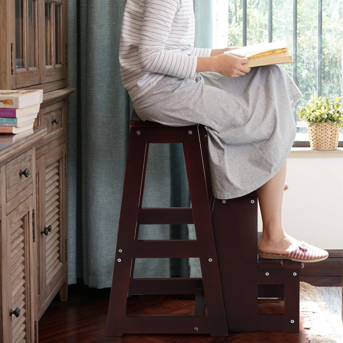 Tabouret d'Echelle 3 Marches Tabouret d’Escabeau Pliable 3 Etages, 57 x 39 x 65 CM, Fait en Bois de Pin (Brun) - 2