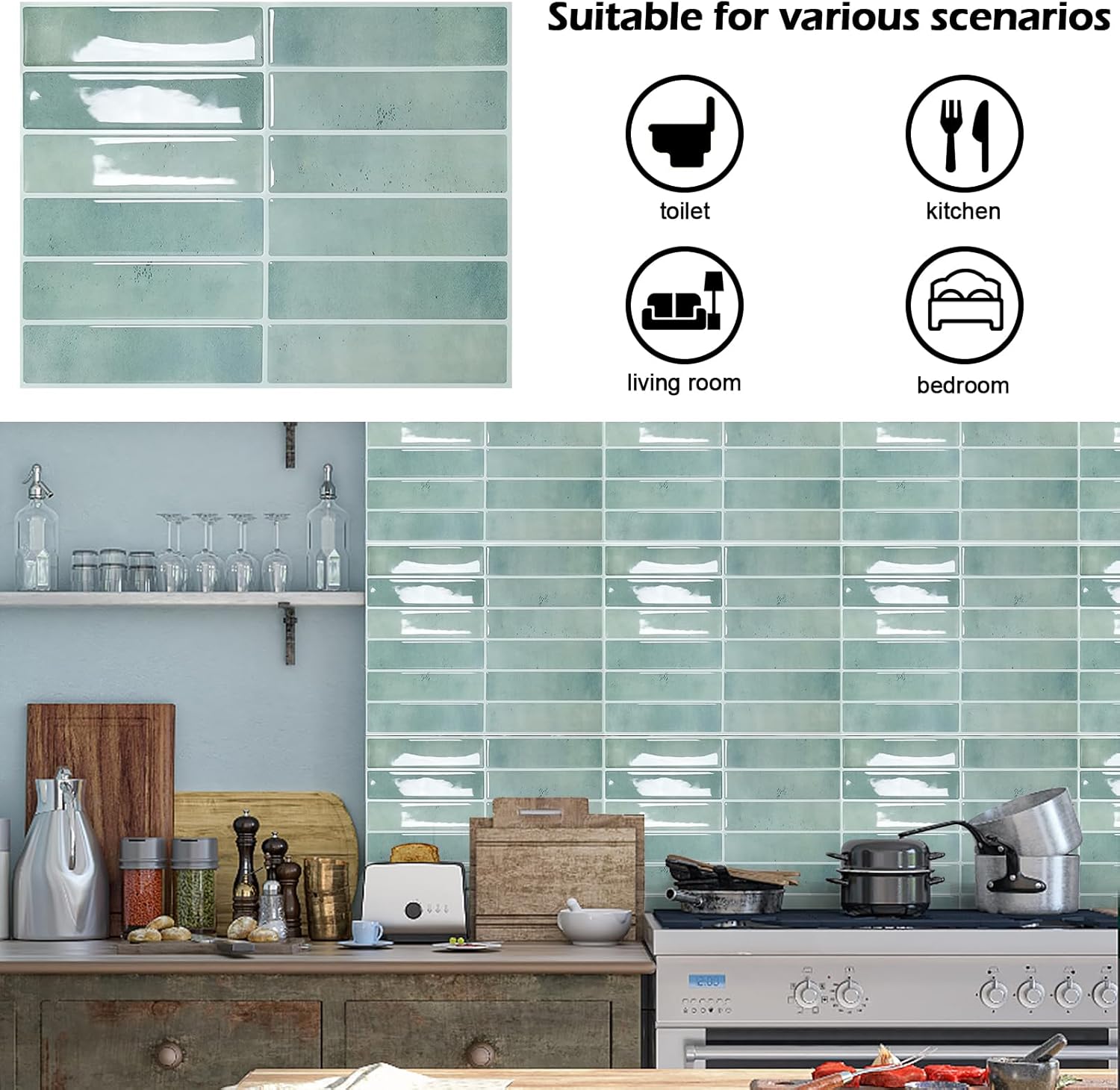 Panel de Protección 3D Azul-Verde - Lote de 4 Láminas Impermeables y Personalizables para Redecoración Cocina & Baño - 3