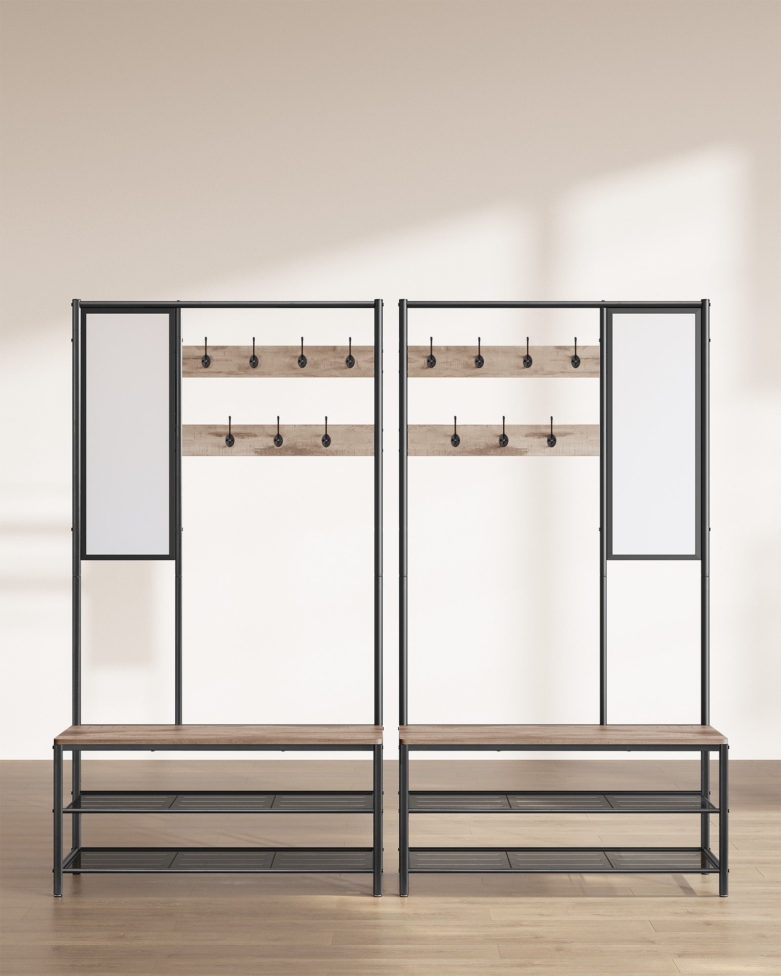 Meuble d’Entrée avec Crochets, Miroir, Banc et Étagère à Chaussures, Porte-manteaux, Vestiaire, 35 x 98 x 180 cm, Marron Camel et Noir d'Encre - 3