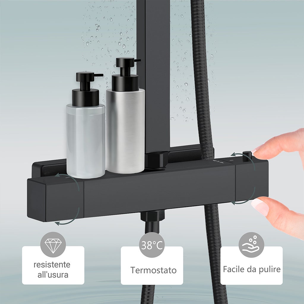AICA Colonna doccia multifunzioni termostato soffione quadrato in acciaio inox rubinetteria doccia termostatica nero - 5