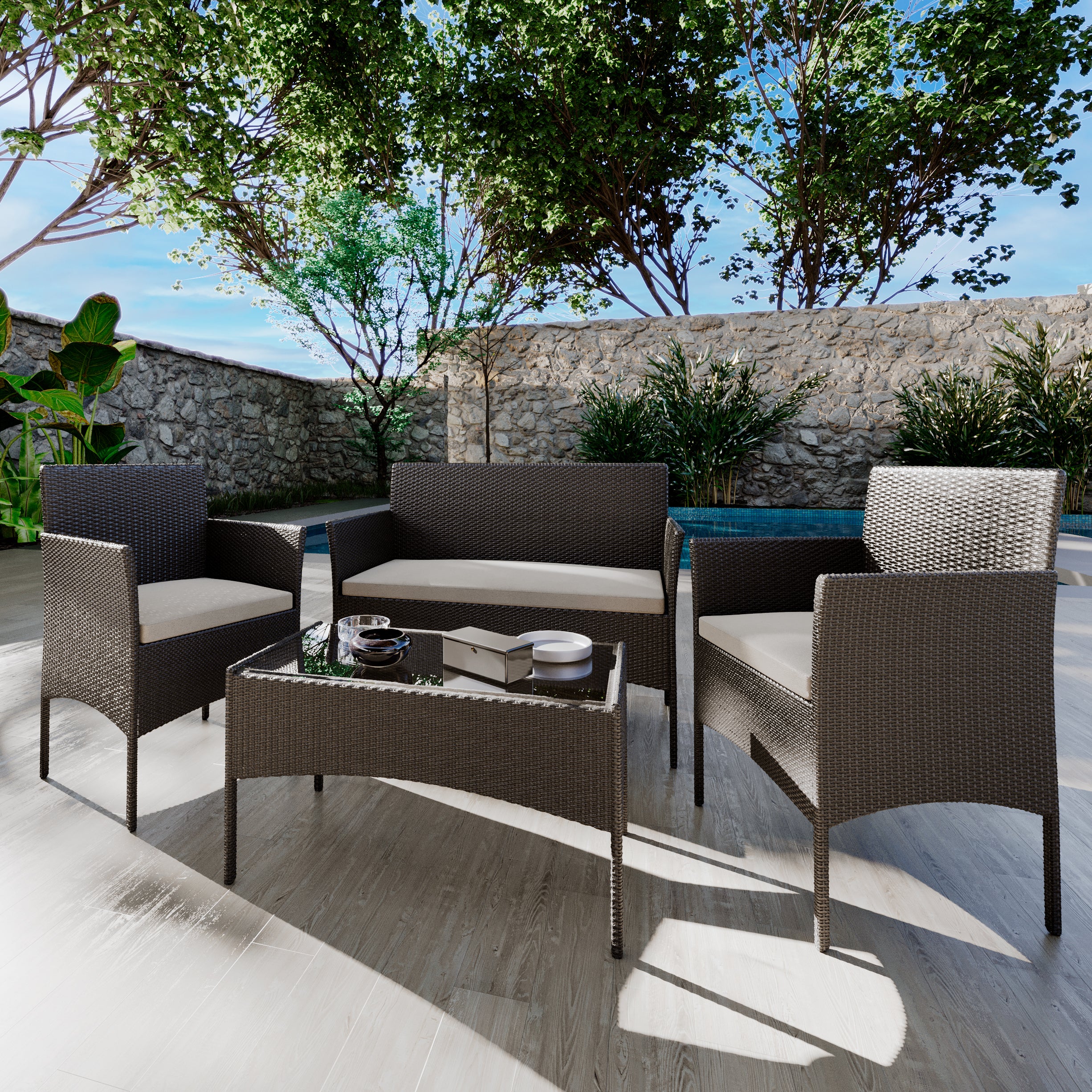 Set Salotto Giardino 4 Posti In PolyRattan - Divano, 2 Poltrone E Tavolino Con Vetro