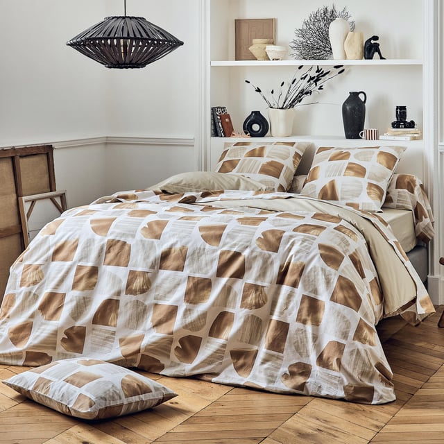 Parure de draps à motif graphique 3 pièces en coton avec drap-housse et taie de traversin - Marron Clair - 90x190 cm - Coton