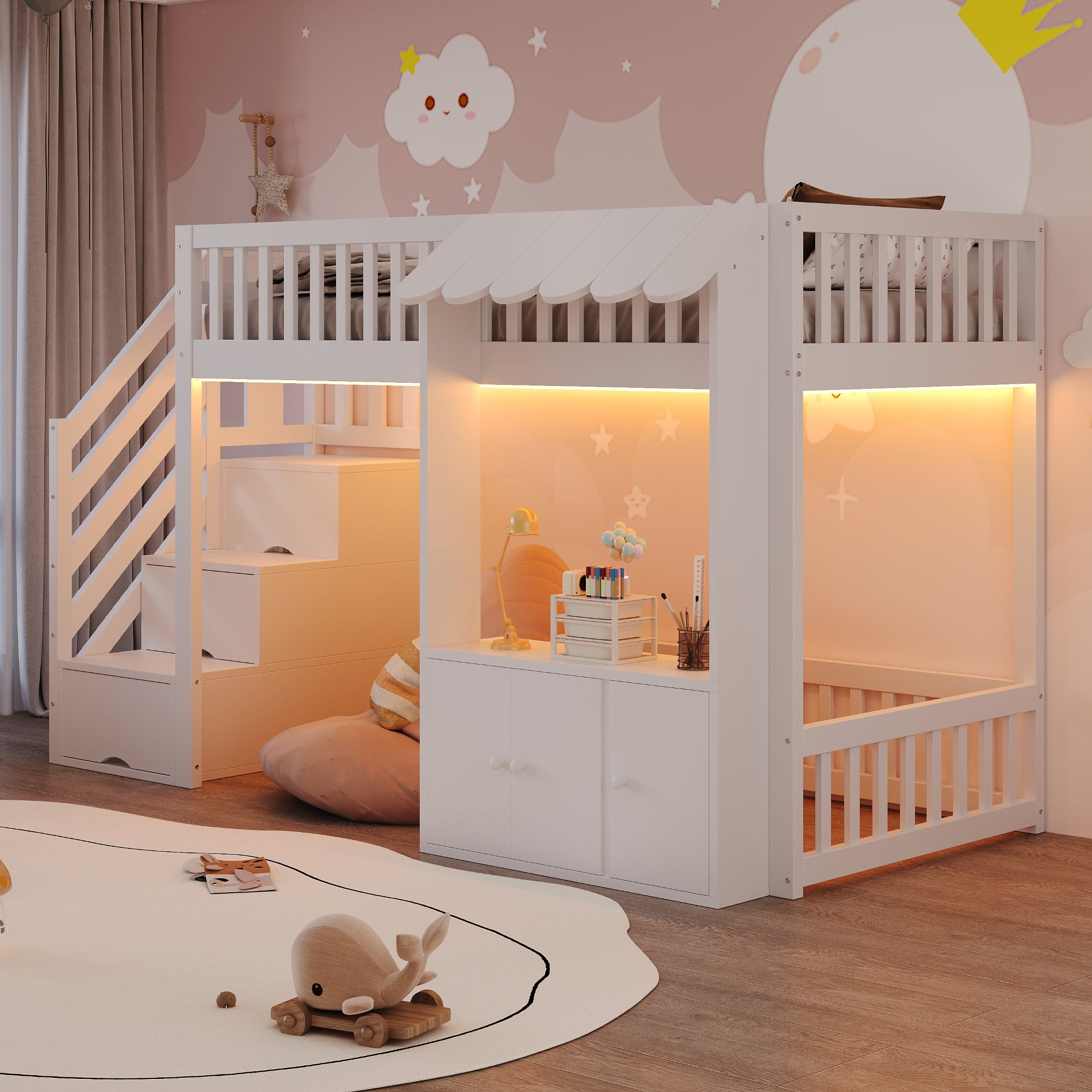 Lit mezzanine bois 90x200cm,avec Lumières LED,Conception des avant-toits,Lit mezzanine enfant avec casiers et escalier de sécurité,Blanc,Sans matelas - 6