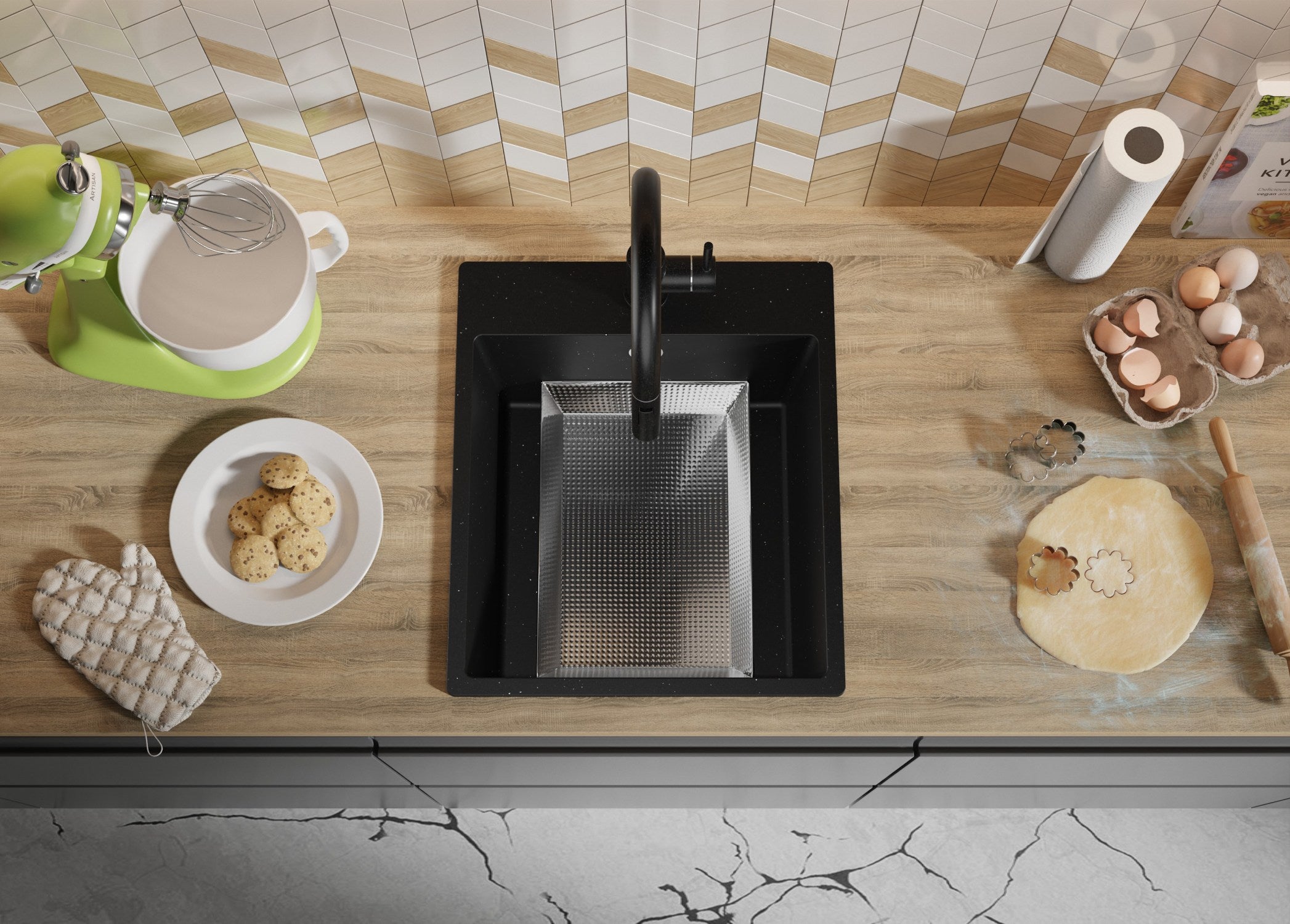 Evier Cuisine en Granit Noir Métallisé 43x50cm, Lavabo 1 bac + Kit de Vidage, Évier à Encastrer au meuble 45cm - Riga PRIMAGRAN - 9