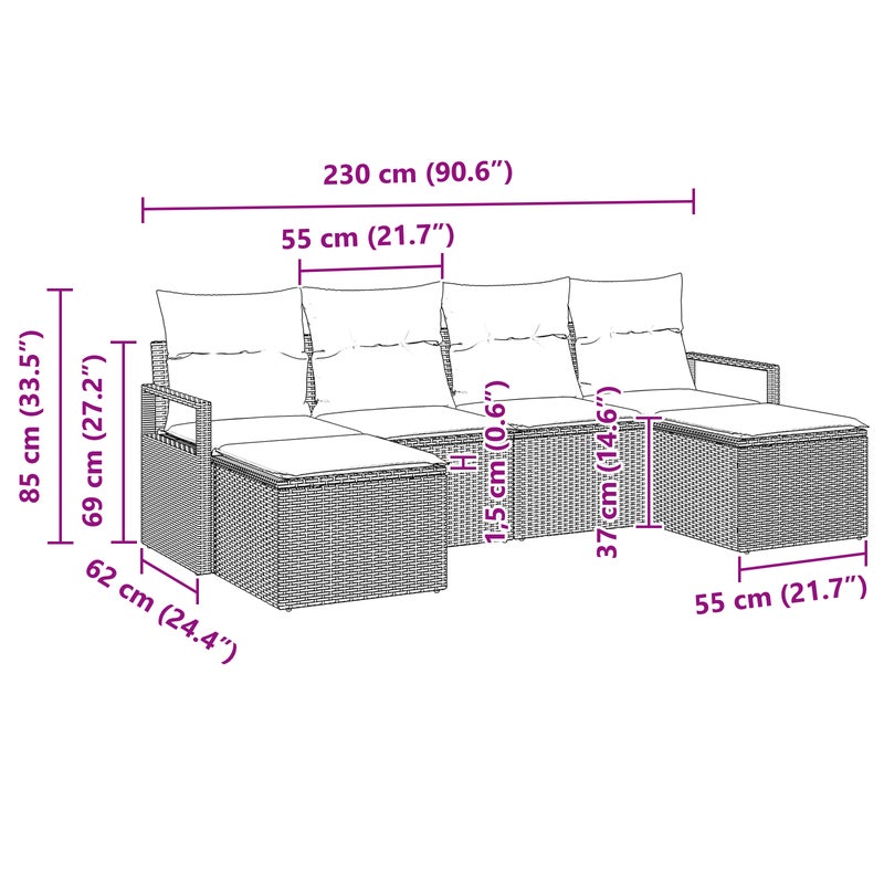 Zestaw Sof 6 pcs Szary polirattan vidaXL