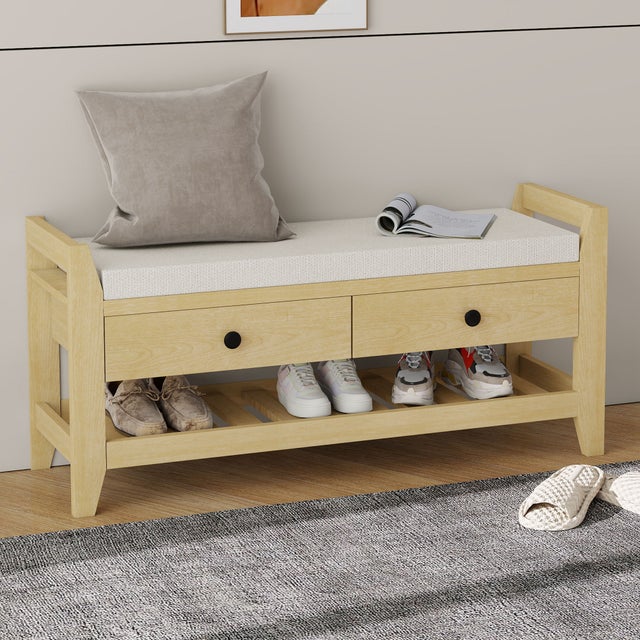 Banc à chaussures moderne avec siège et 2 tiroirs - 101 x 35 x 50 - Bois MDF - Naturel