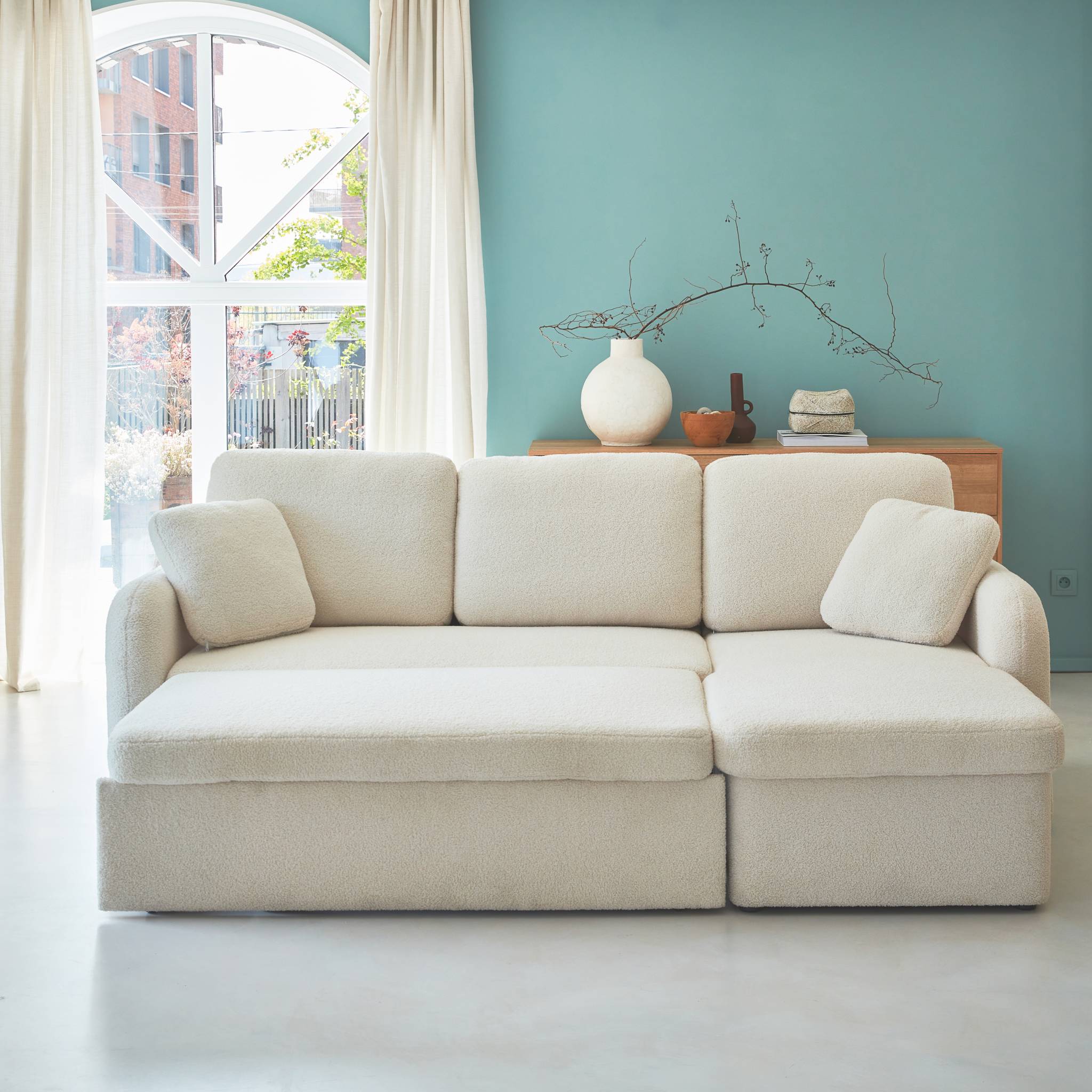 Canapé d'angle convertible en tissu bouclettes crème - Milano - 3 places. fauteuil d'angle réversible coffre rangement lit modulable - 4