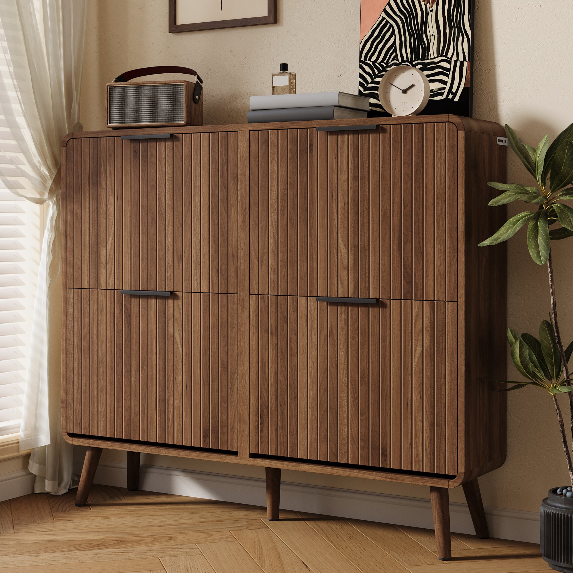 Meuble à chaussures avec 4 portes rabattables - 105 x 24 x 90 cm - Contenir 18 à 24 paires - MDF - Noyer - 8