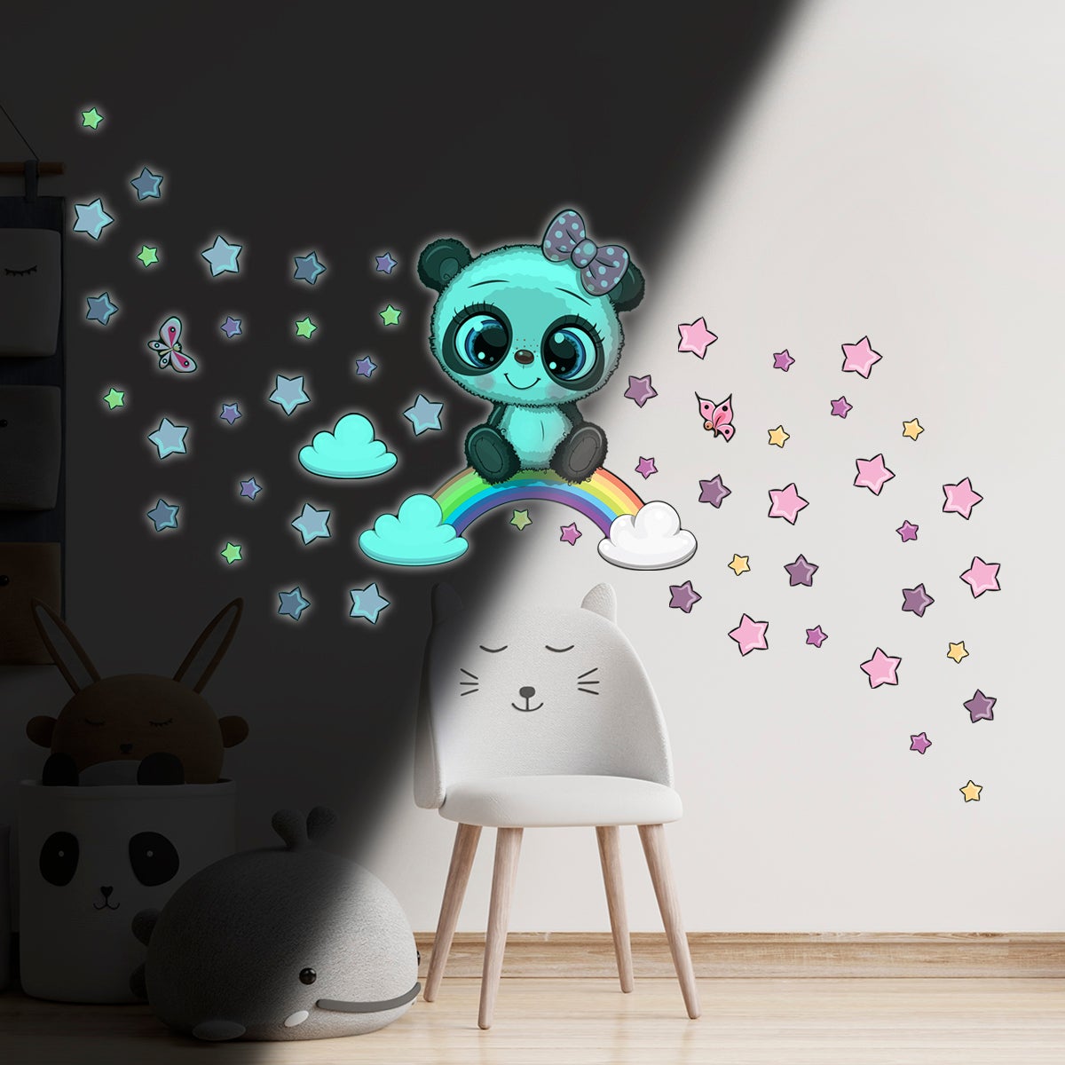 Vinilos fosforescente niña panda en el arcoiris - adhesivo de pared - revestimiento sticker mural decorativo - 115x110cm