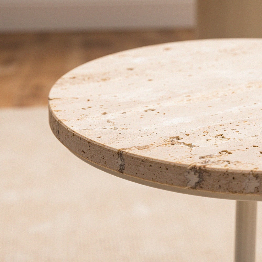 Rito - Table d'appoint en métal et travertin ø35cm - Beige - 4