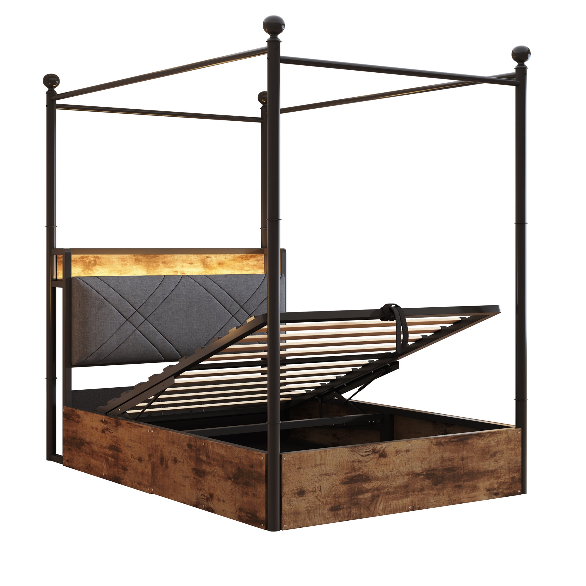 Lit coffre 90x190cm Métal Noir, Rangement Hydraulique, Lit simple&nbsp;capitonné avec LED, Prises USB/Type-C, Cadre de lit en bois (Sans Matelas) - 6