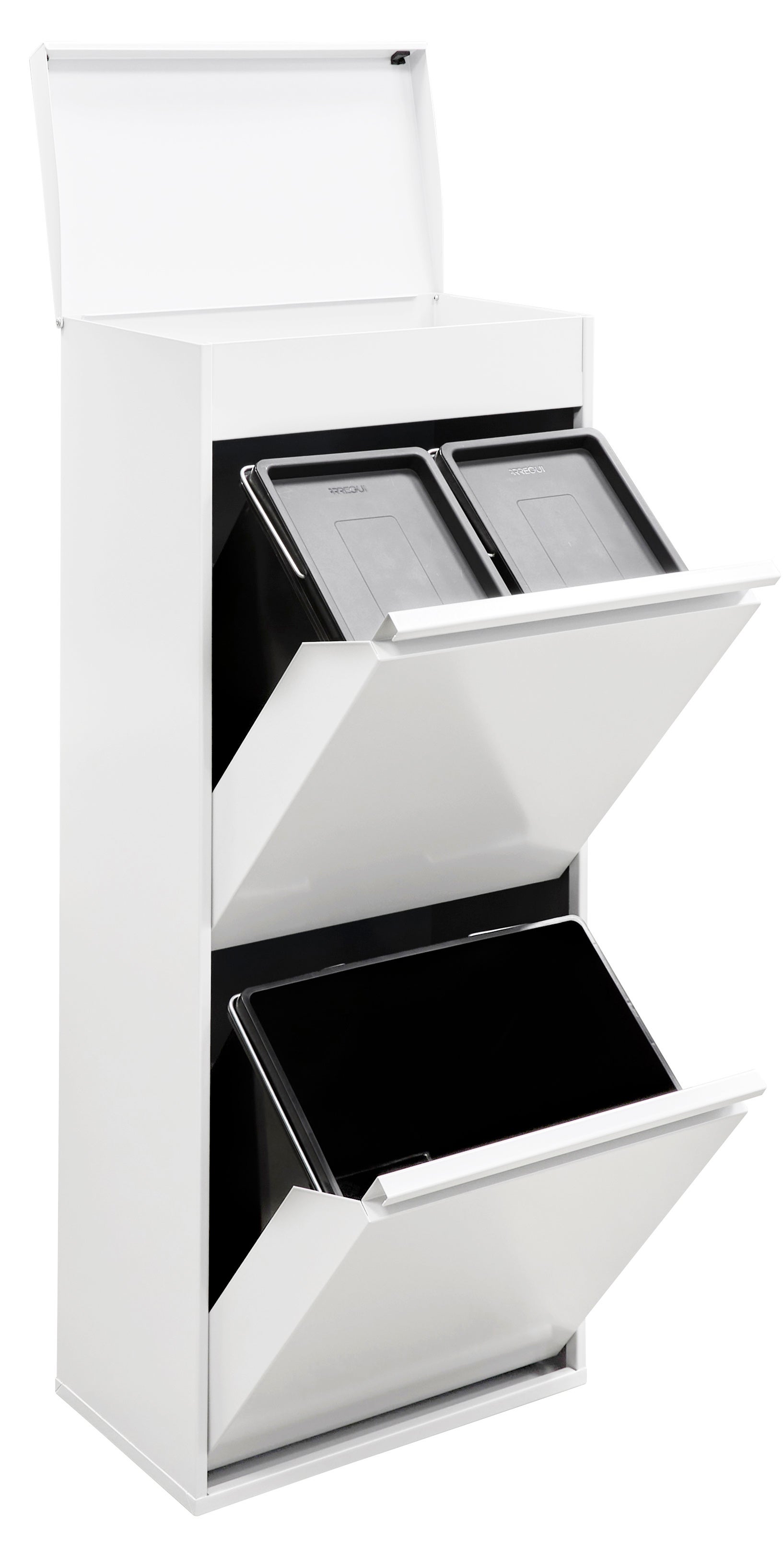 Arregui top cr421-b contenedor de reciclaje de 3 cubos de basura con cajón superior, 11+11+23 l (45 l), con cubetas para envases y orgánico, blanco