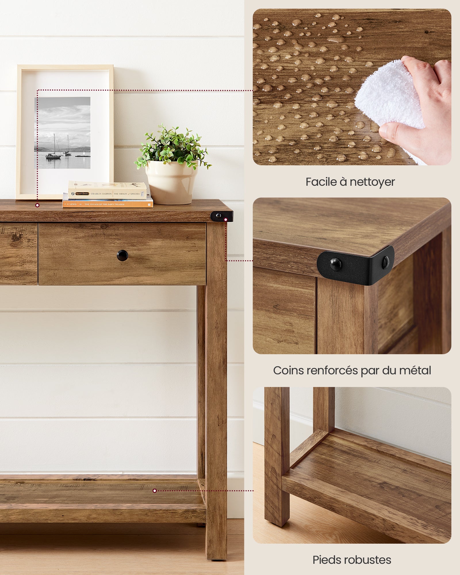 Table Console, Table d'Entrée avec 3 Tiroirs et Étagère de Rangement, pour Entrée, Salon, Style Campagnard, Marron Miel - 4