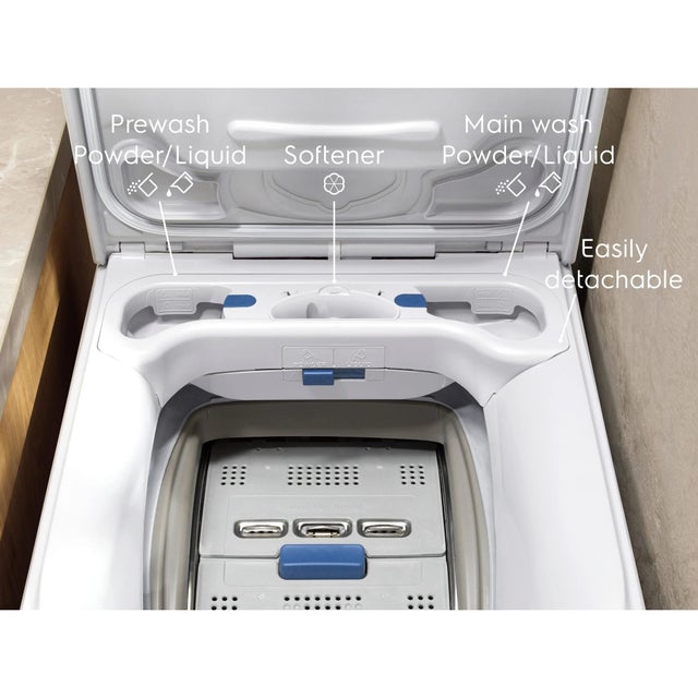 Lavadora Carga superior Electrolux ETE6162P1A de 6Kg Clase A y 1200Rpm | Blanca, Woolmark Blue, Motor Inverter, LiquiSystem