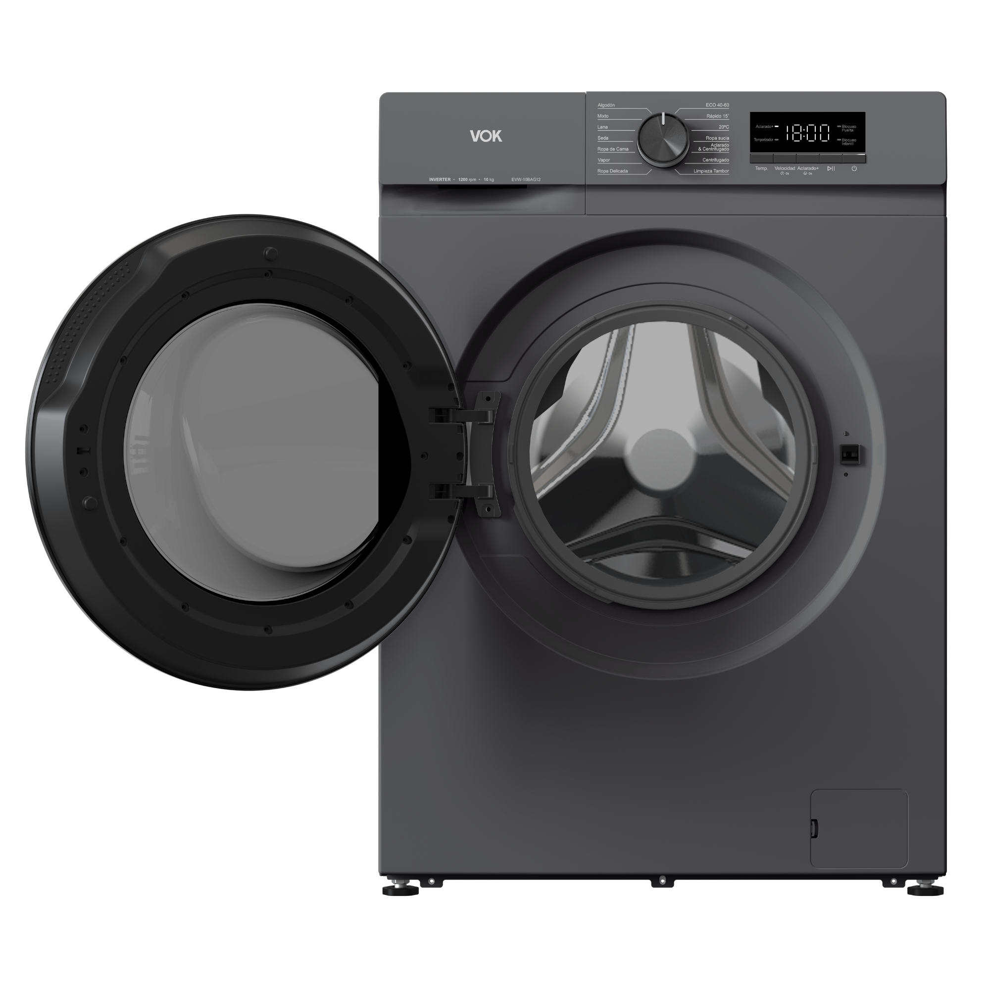 Lavadora VOK 10kg, Clase A, Motor Inverter, Vapor, 14 Programas, 1200 ...
