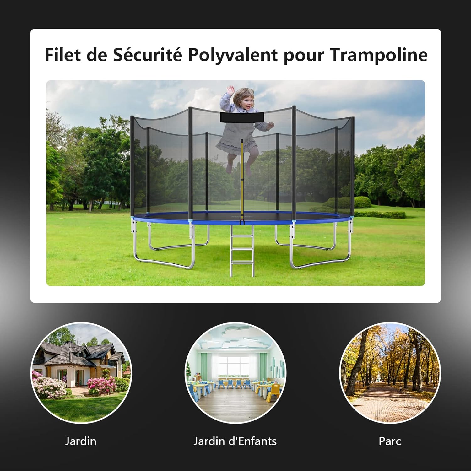 Filet de Securite pour Trampoline 305 CM, Filet de Trampoline 6 Poteaux, Resistant aux UV, Double Fermeture Eclair, Modele Bord Exterieur, Noir - 7