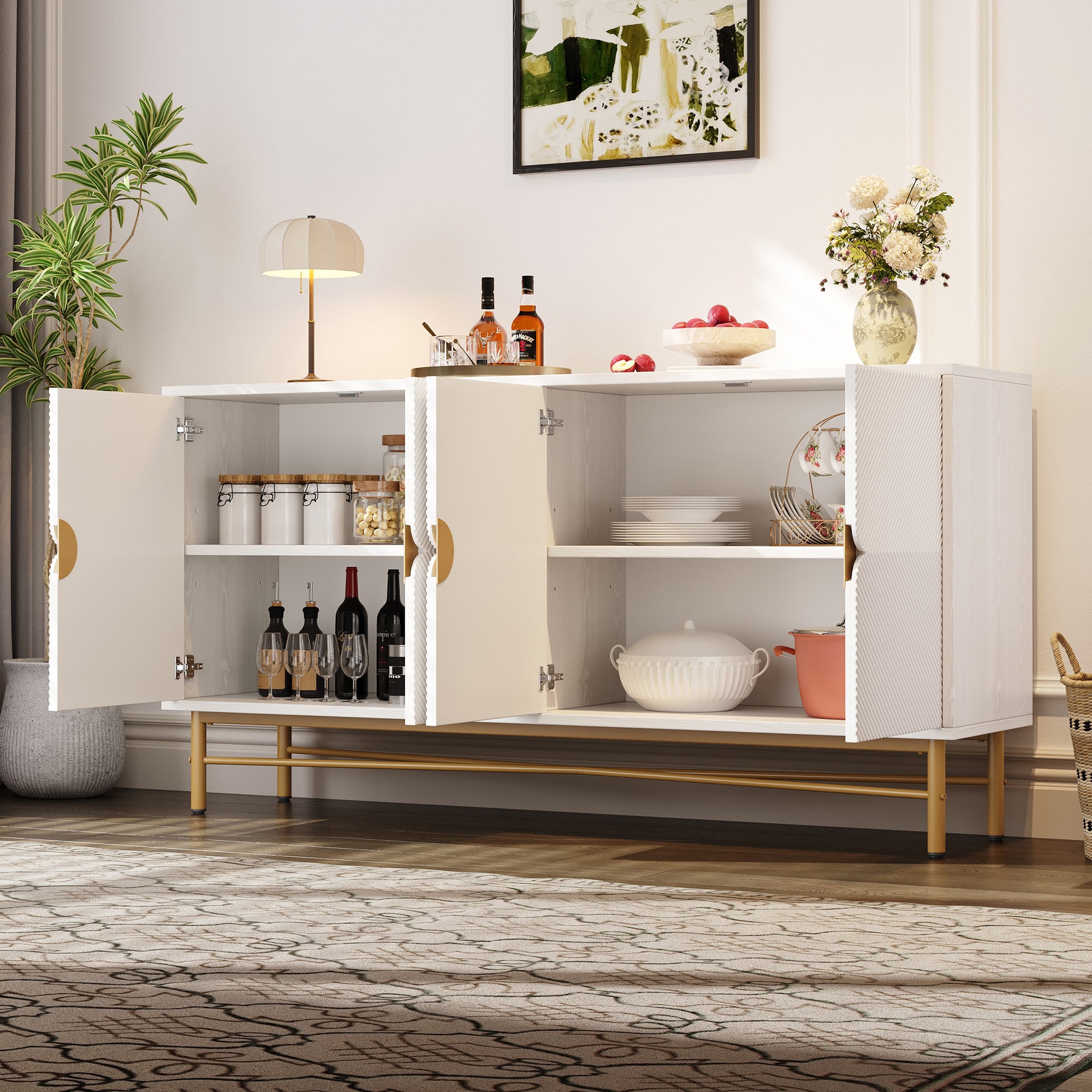 Buffet Blanc 160 cm, Meuble Salle à Manger avec 4 Portes - Rangement Storage avec poignées Dorées Brossées et Pieds Brillants - 3