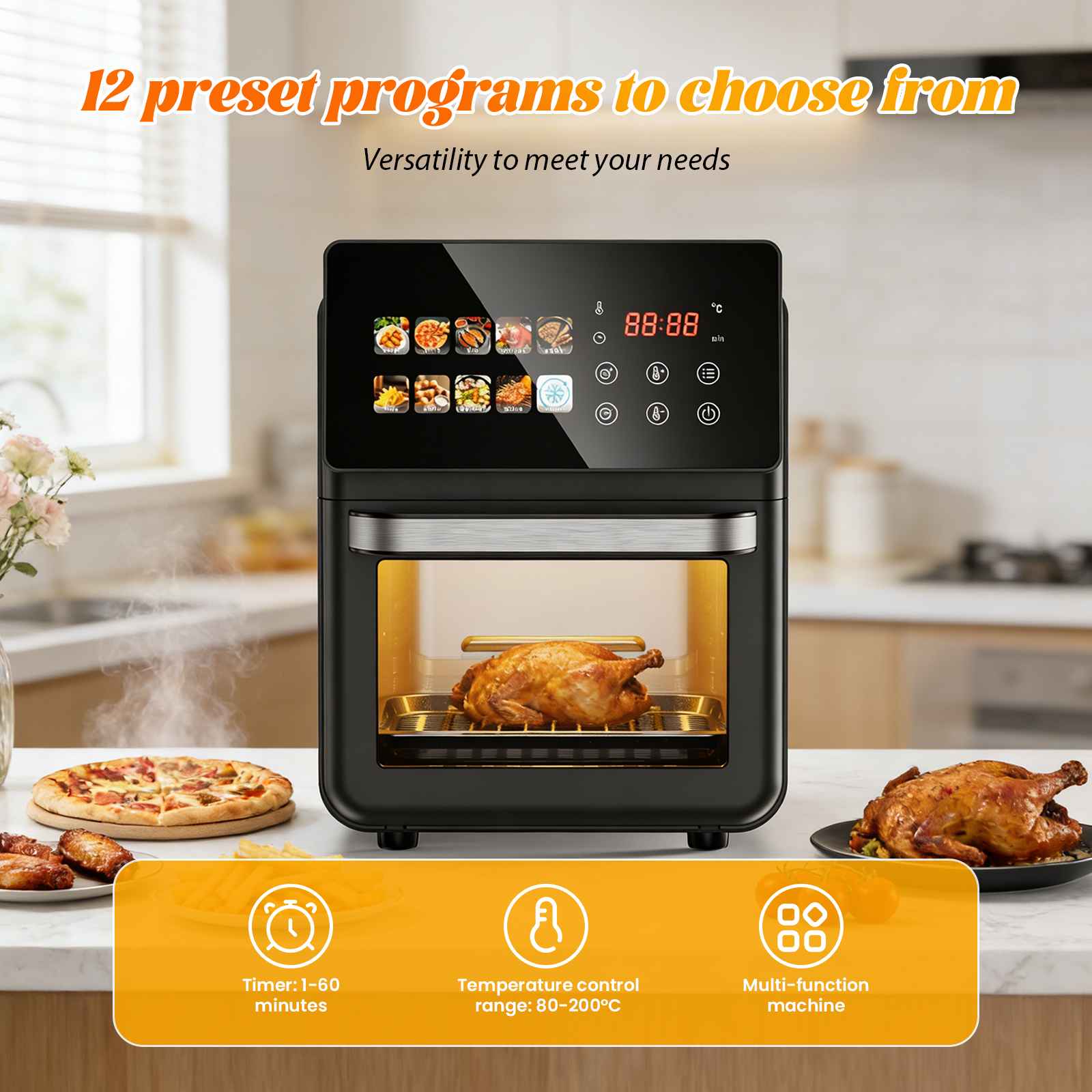 Four à air intelligent 10L écran tactile 12 programmes cuisson saine sans huile grande capacité famille 5-6 fenêtre transparente air chaud - 5