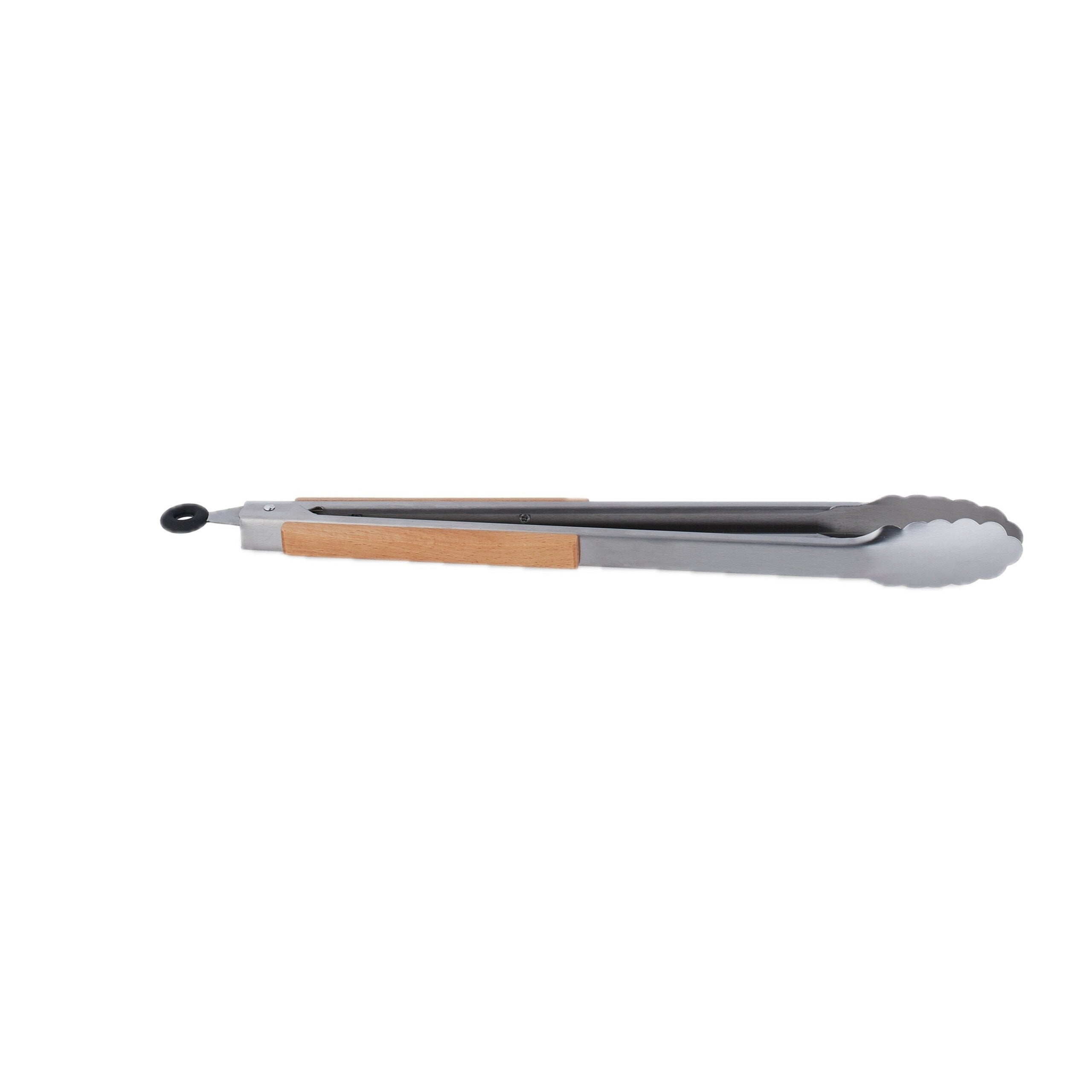Pince de barbecue, lot de 6, long ustensile pour le grill, 38 cm, poignée en bois, acier inoxydable, argent/nature - 8