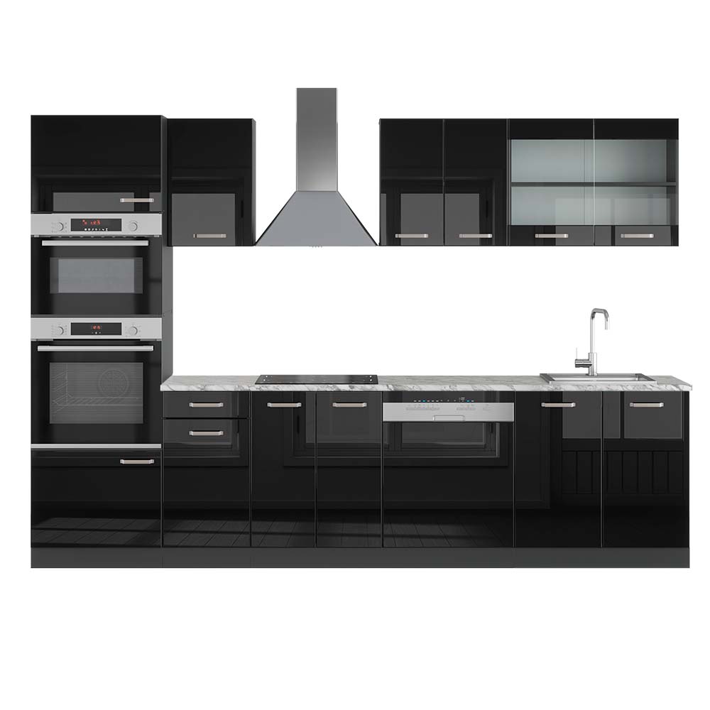 Vicco Aneks kuchenny R-Line, Czarny/antracyt o wysokim połysku, 300 cm z wysoką szafką, BP Marmur