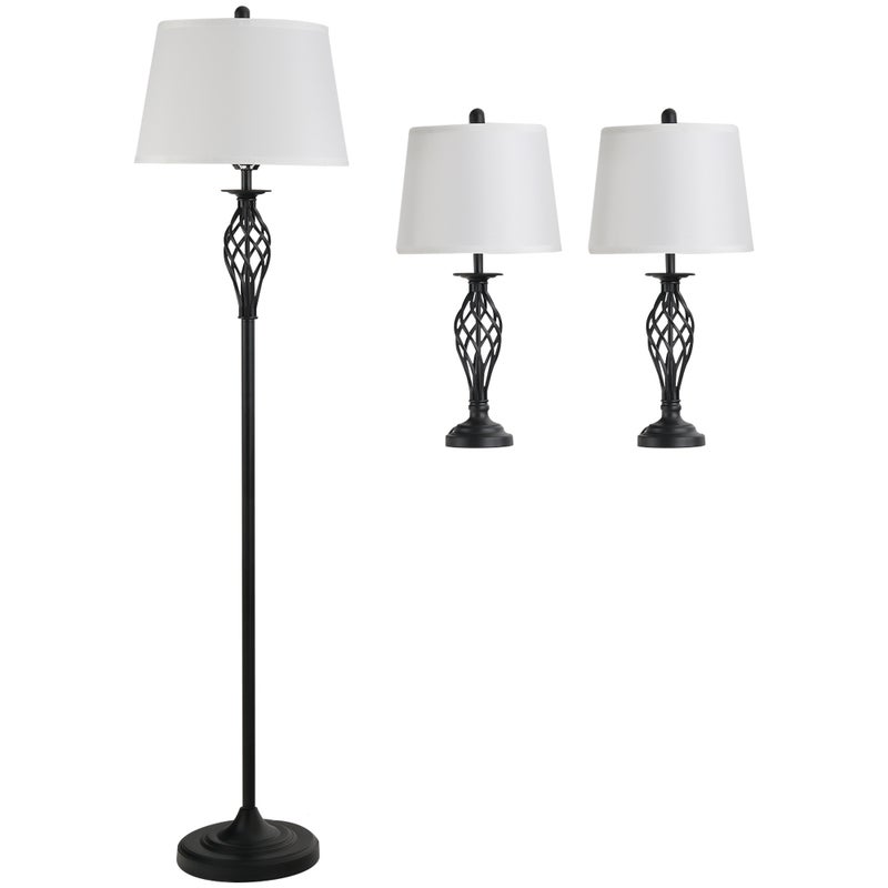 Zestaw 3 zabytkowych czarno-białych lamp, 2 lamp stołowych i 1 lampy podłogowej, wykonanych z metalu i bawełny, do salonu.
