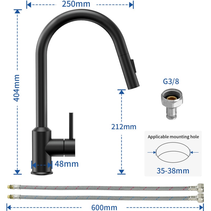 Mitigeur de Cuisine Noir avec Douchette Extractible 360° - Robinet Évier Acier Inoxydable 2 Modes d'Eau - Mitigeur Cuisine Moderne et Fonctionnel - 2