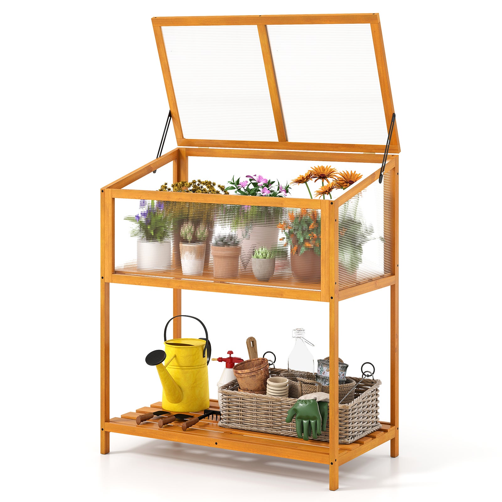 Sere de grădină din lemn de brad, seră înălțată pentru exterior acoperiș transparent rabatabil și raft depozitare lamele, 90 x 50,5 x 105 cm