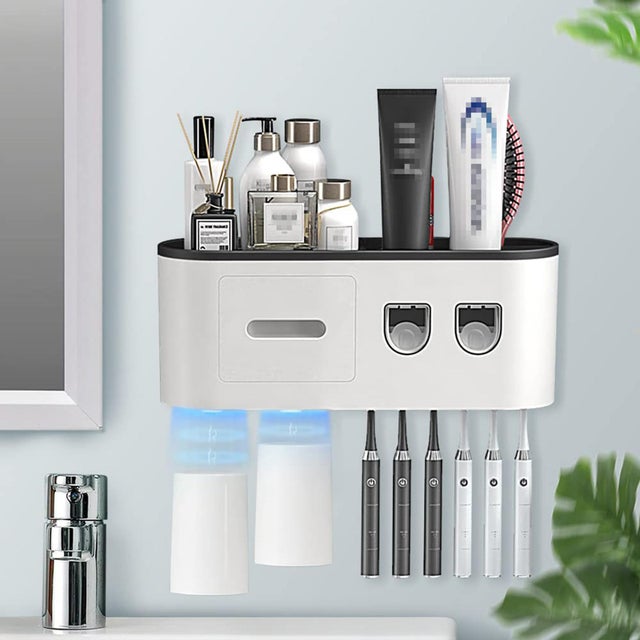 Porte-brosse à dents, porte-brosse à dents mural avec distributeur automatique de dentifrice, avec autocollants, noir