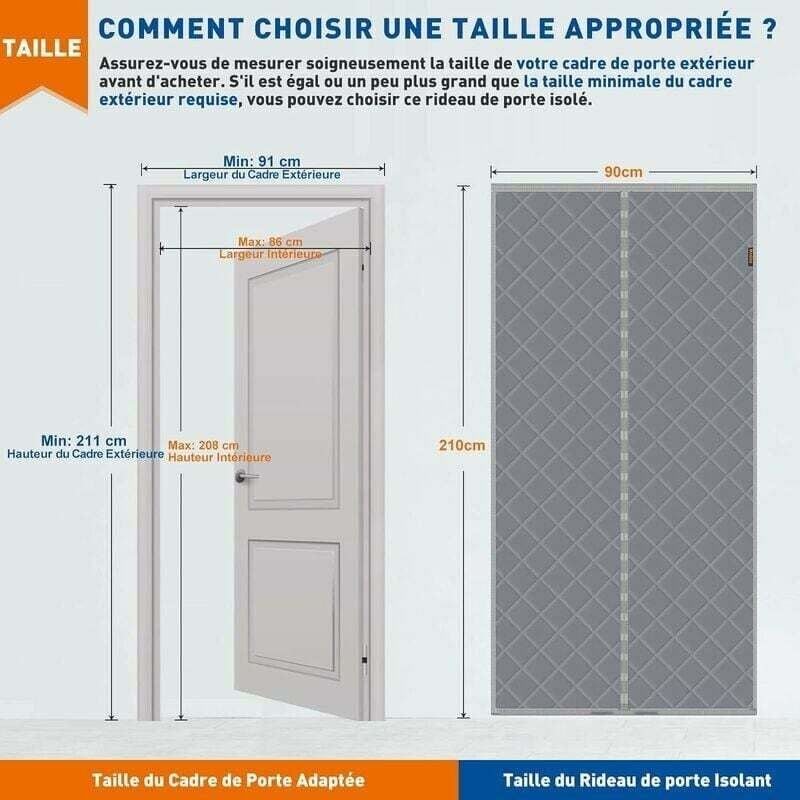 Rideau de Porte Isolant Thermique 90 x 210 cm, Rideau de Porte Épaississant d'hiver, Isolant Phonique Anti Froid, en Coton Magnétique, Gris - 2