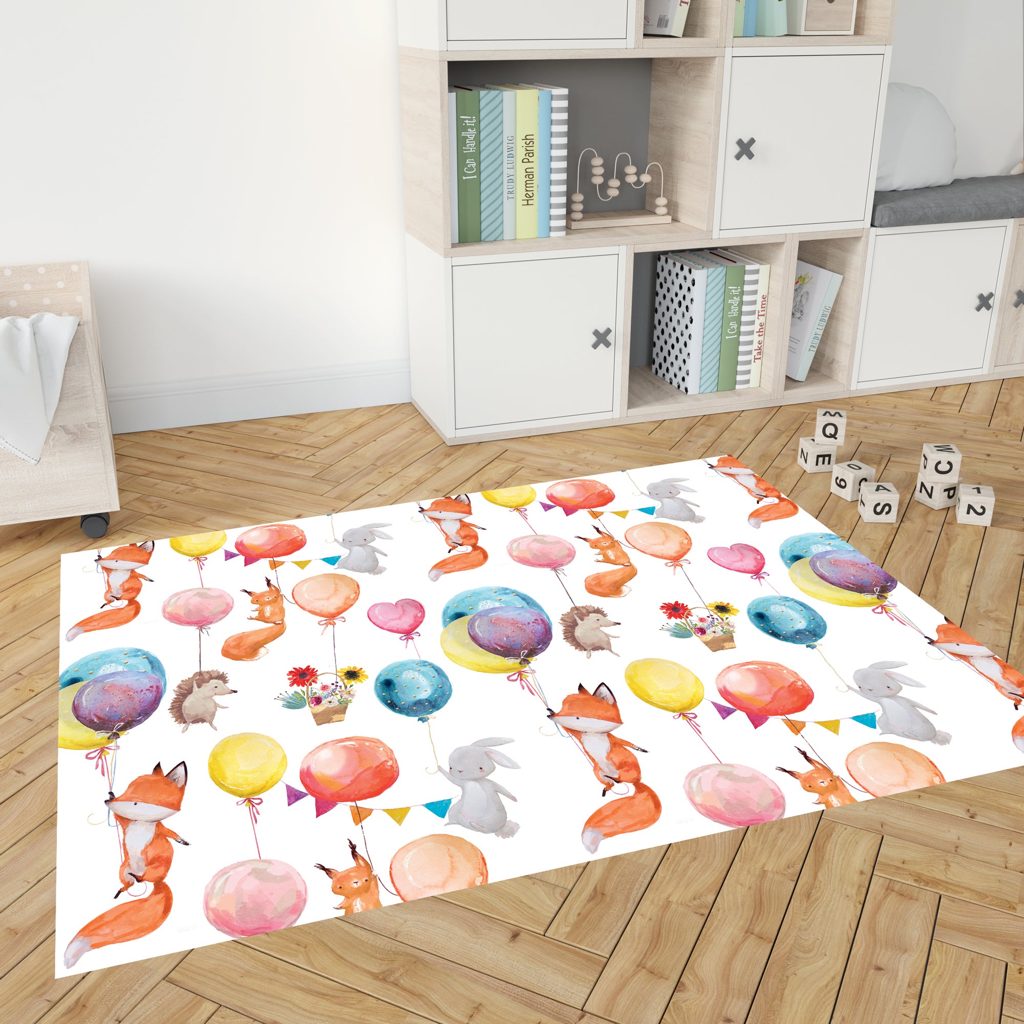 Winylowy dywanik dziecięcy Party Animal 100x133 cm - Antypoślizgowy PVC, winylowy do pokoju dziecięcego, trudnopalny i zmywalny.