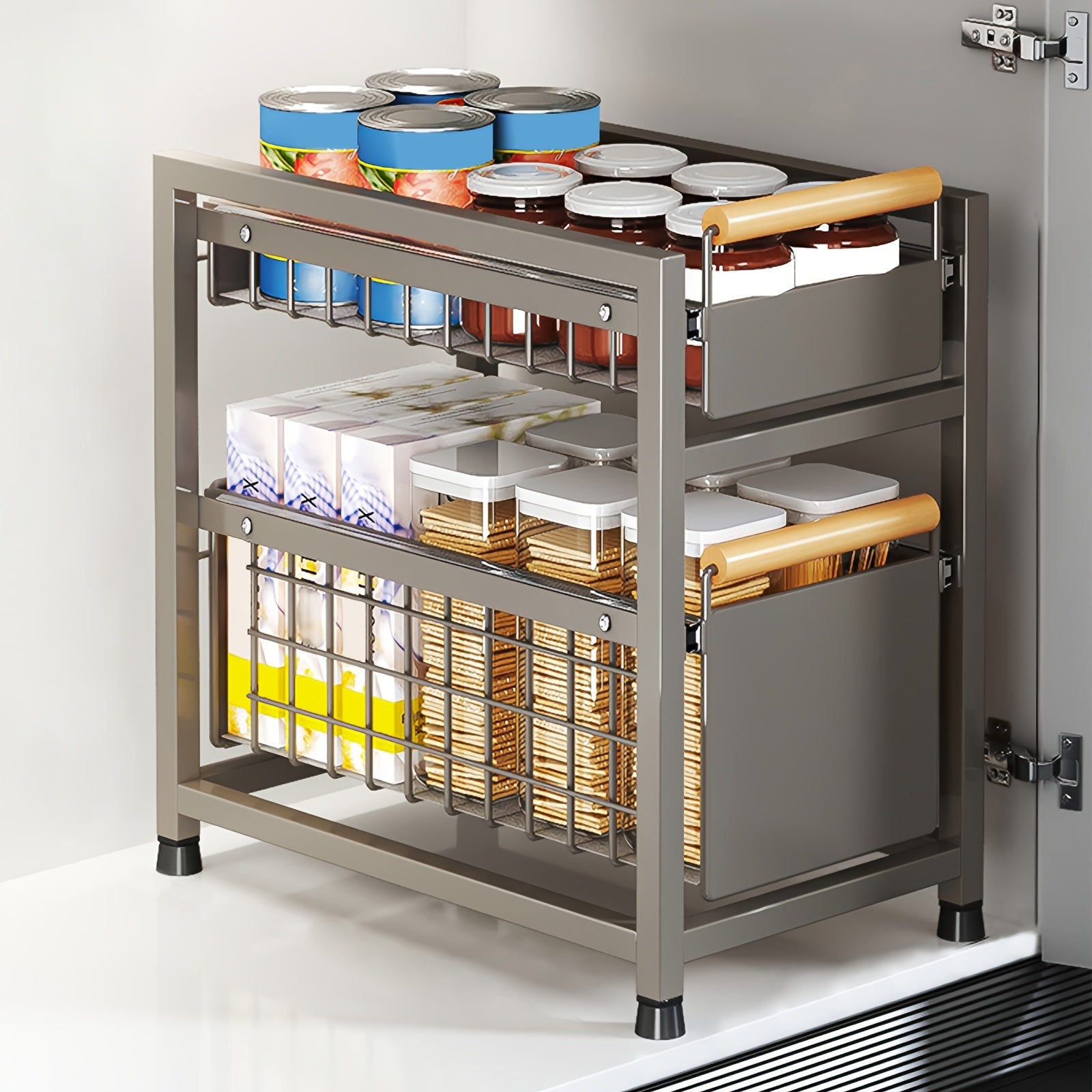 Organizer A Due Ripiani Per Sotto Lavello, In Acciaio Carbonio, Scorrevole, 36.5x27.5x33.5 Cm - Per Cucina, Bagno E Armadio