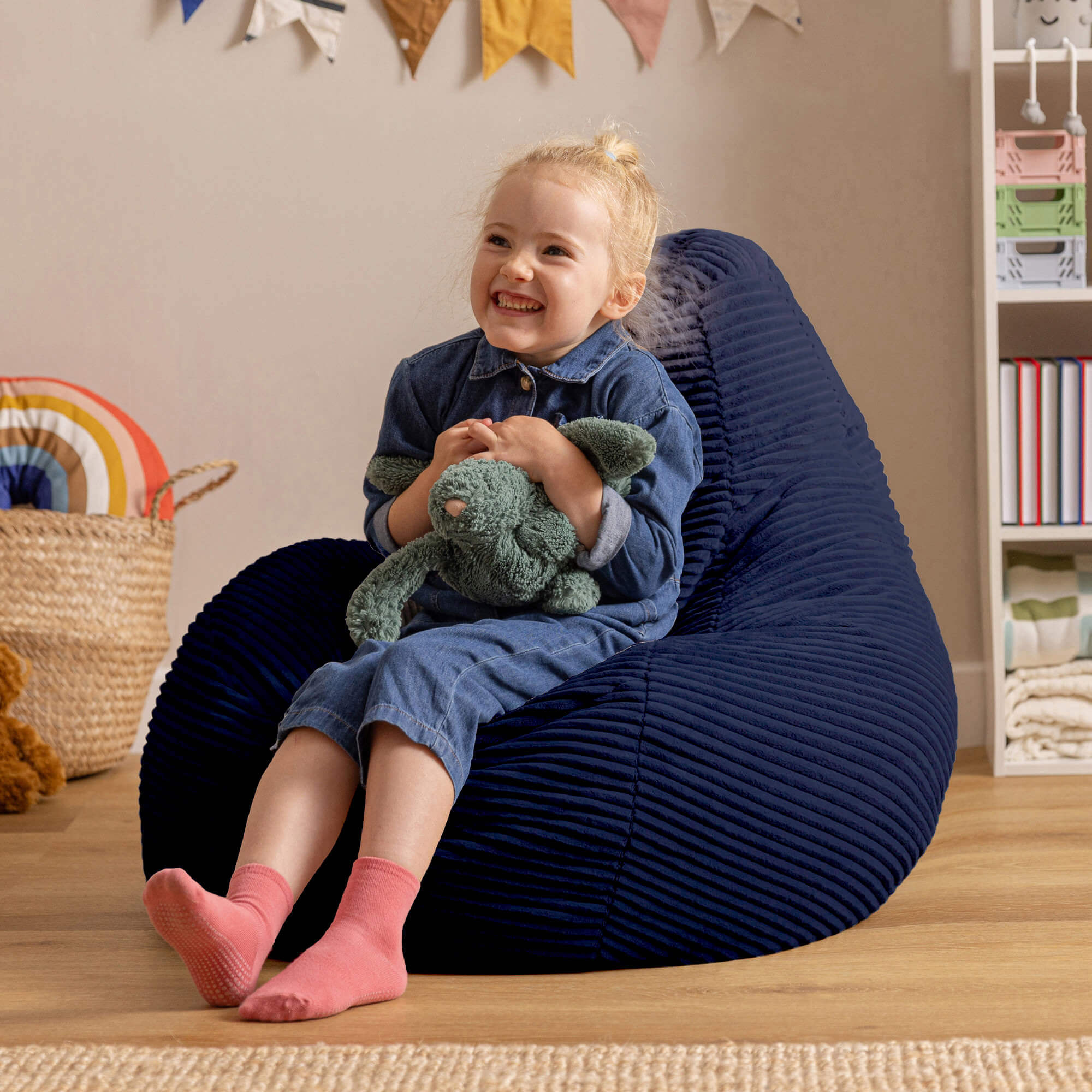 Lot de 2 poufs poire enfant Icon à dossier haut velours côtelé bleu marine, 65x65cm, Made in Allemagne, Oeko-Tex® - 2