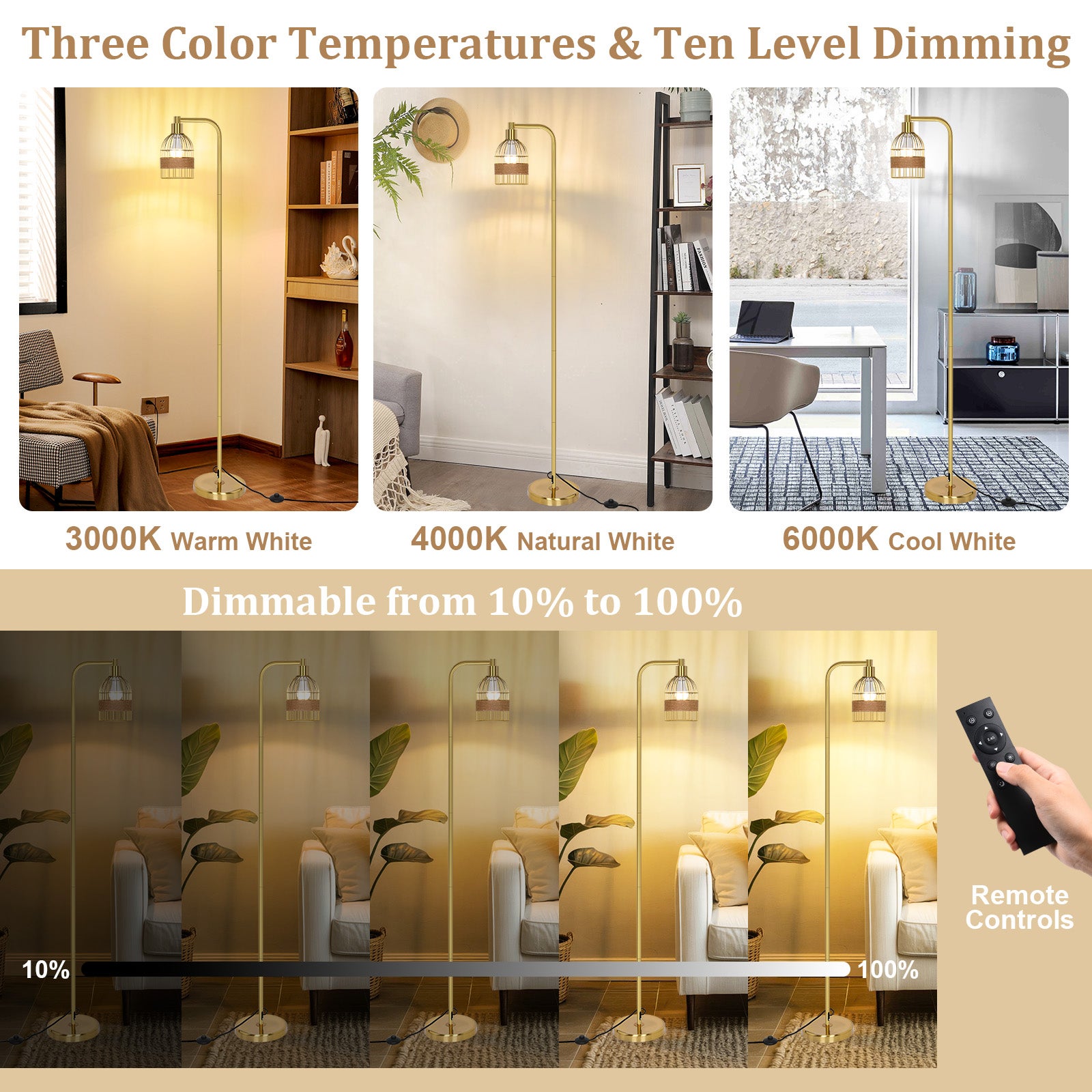 Lampadaire doré industriel – 170 cm, lampadaire sur pied design avec abat-jour en rotin, télécommande & variateur LED pour salon - 5