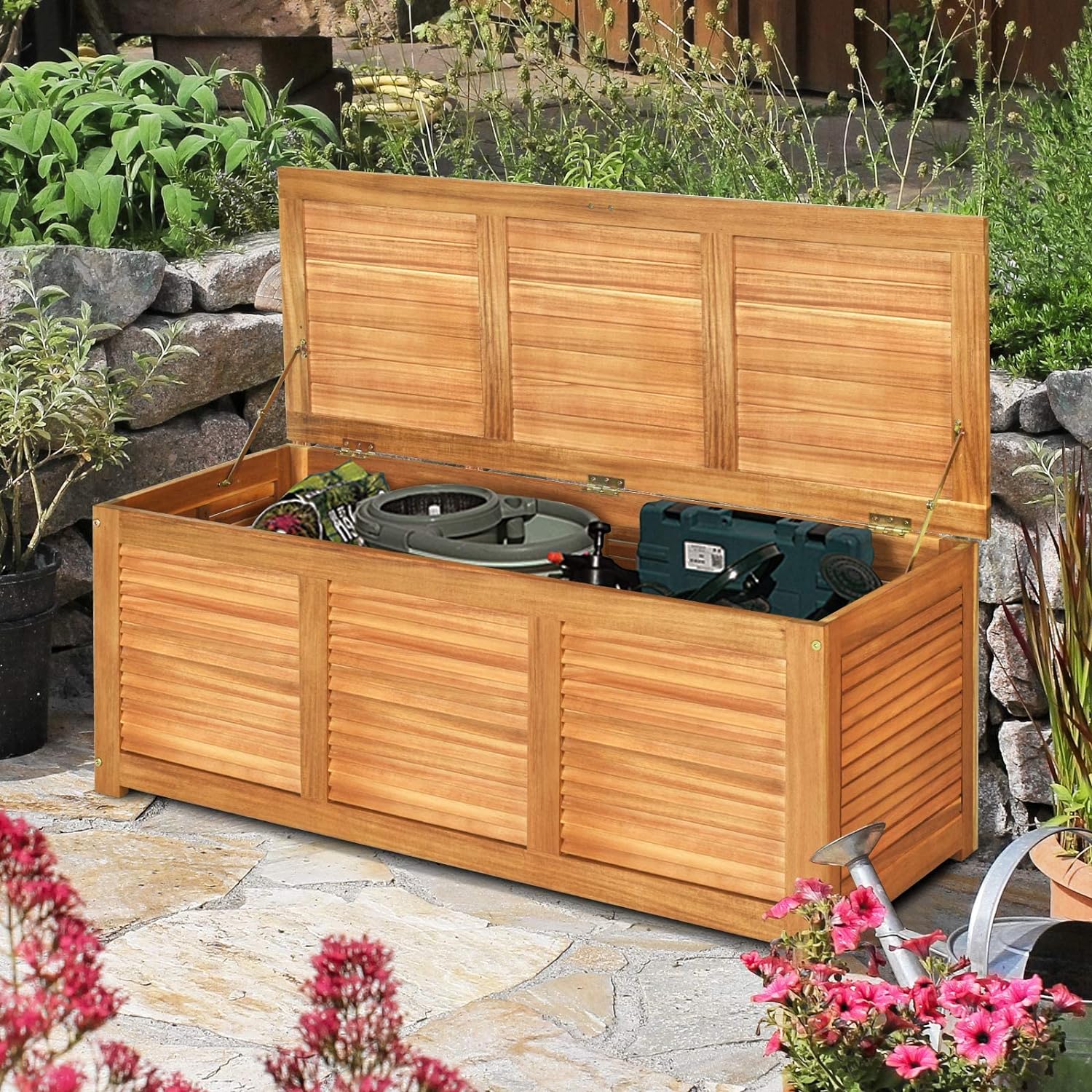 Coffre de jardin en Bois d’Acacia Certifié FSC-120X45X45 CM- Boîte de Rangement Respirante avec Poignée en Boucle Pratique-Naturel - 4