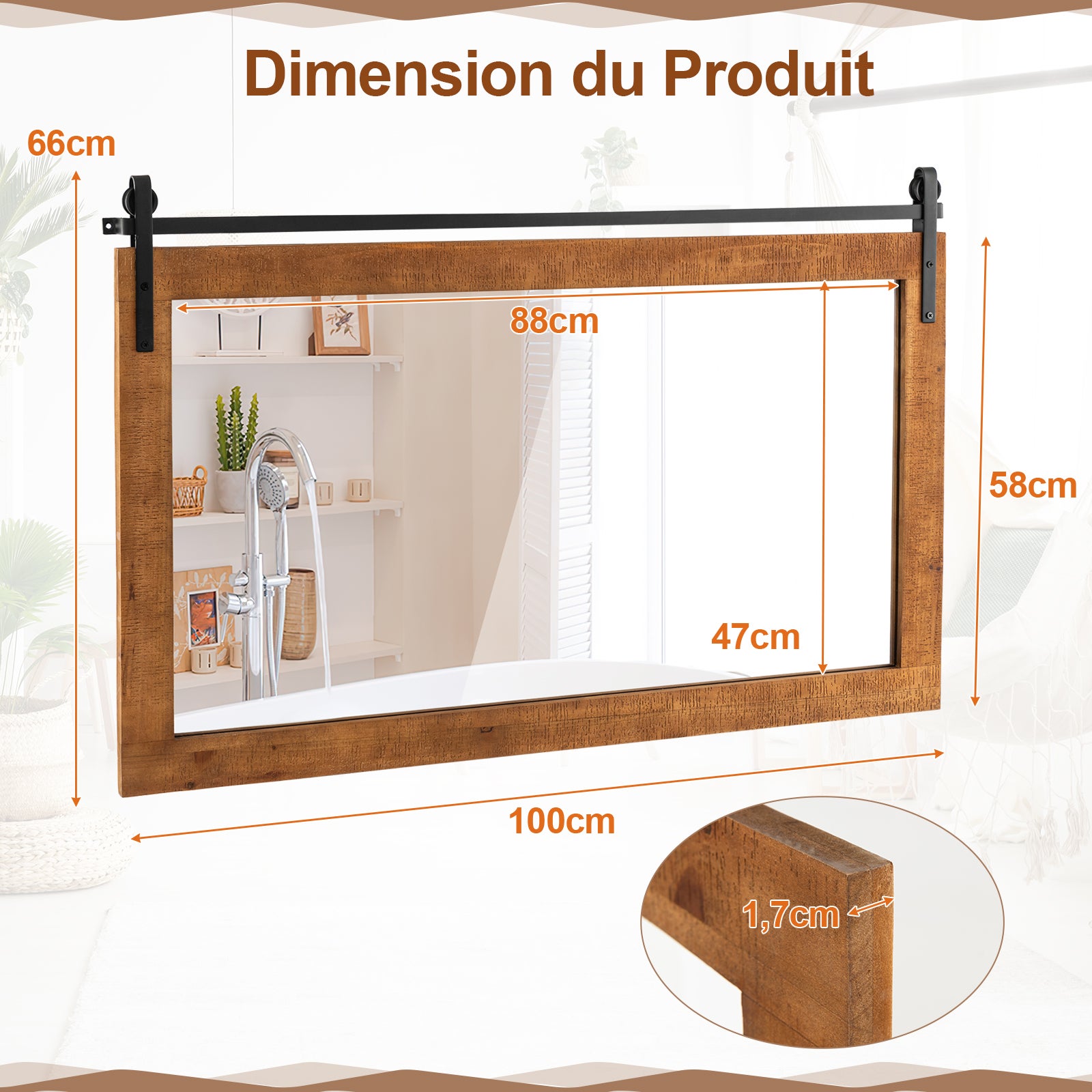 Miroir Mural Rectangulaire 100 X 66CM, Cadre en Bois Massif, Style Porte de Grange, Support en Métal, Réflexion HD, Grand Miroir Mural Rustique,Marron - 3