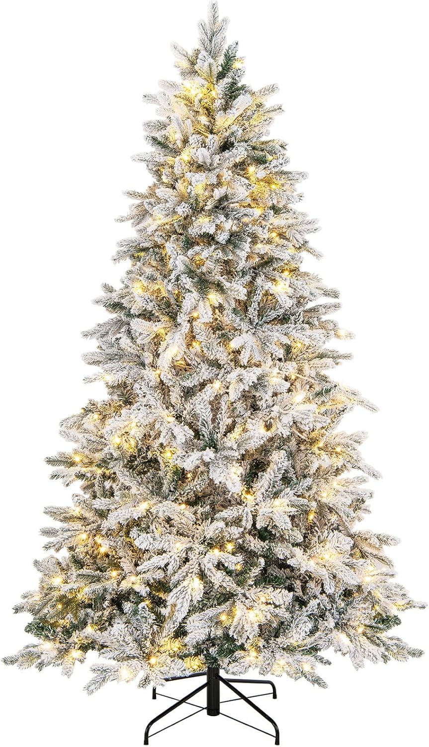 Sztuczna Choinka Bożonarodzeniowa z Oświetleniem LED 210 cm, 1684 Gałęzie Pokryte Śniegiem, 300 Ciepłych Białych Lampek, Dekoracja Świąteczna