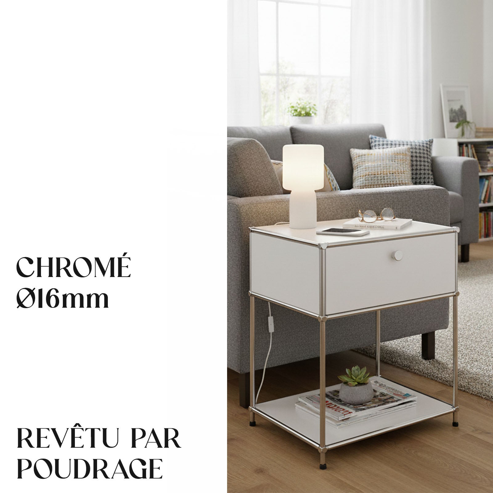 Étagère métal chromé design épuré, Concept Epuré MK-139, L50 × P40 × H65 cm, Blanc - 4