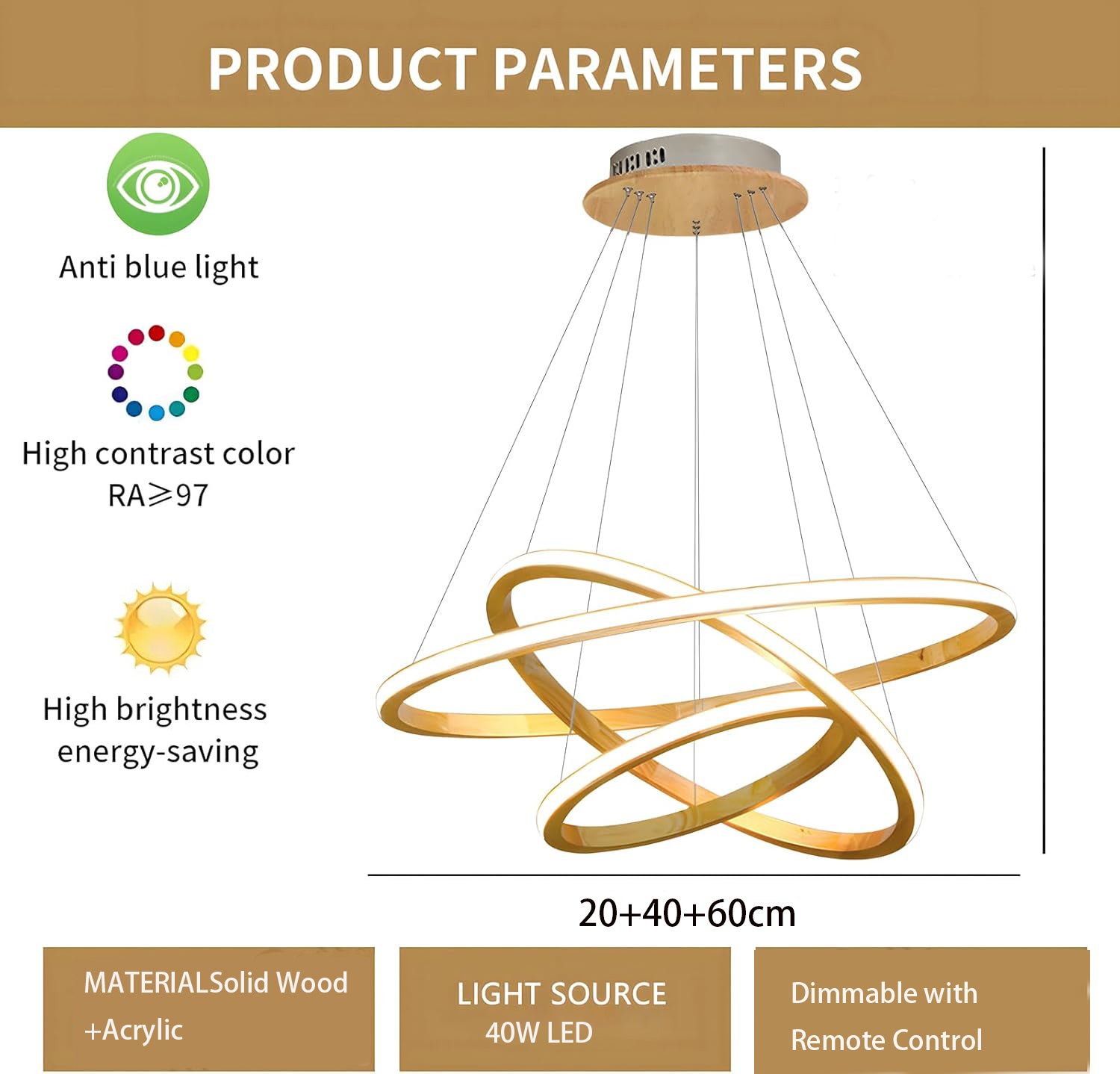 COMELY Suspension LED Moderne Ø20/40/60 cm, Or, Design avec télécommande 3000K-6500K, Lustre pour Chambre et Couloir - 4