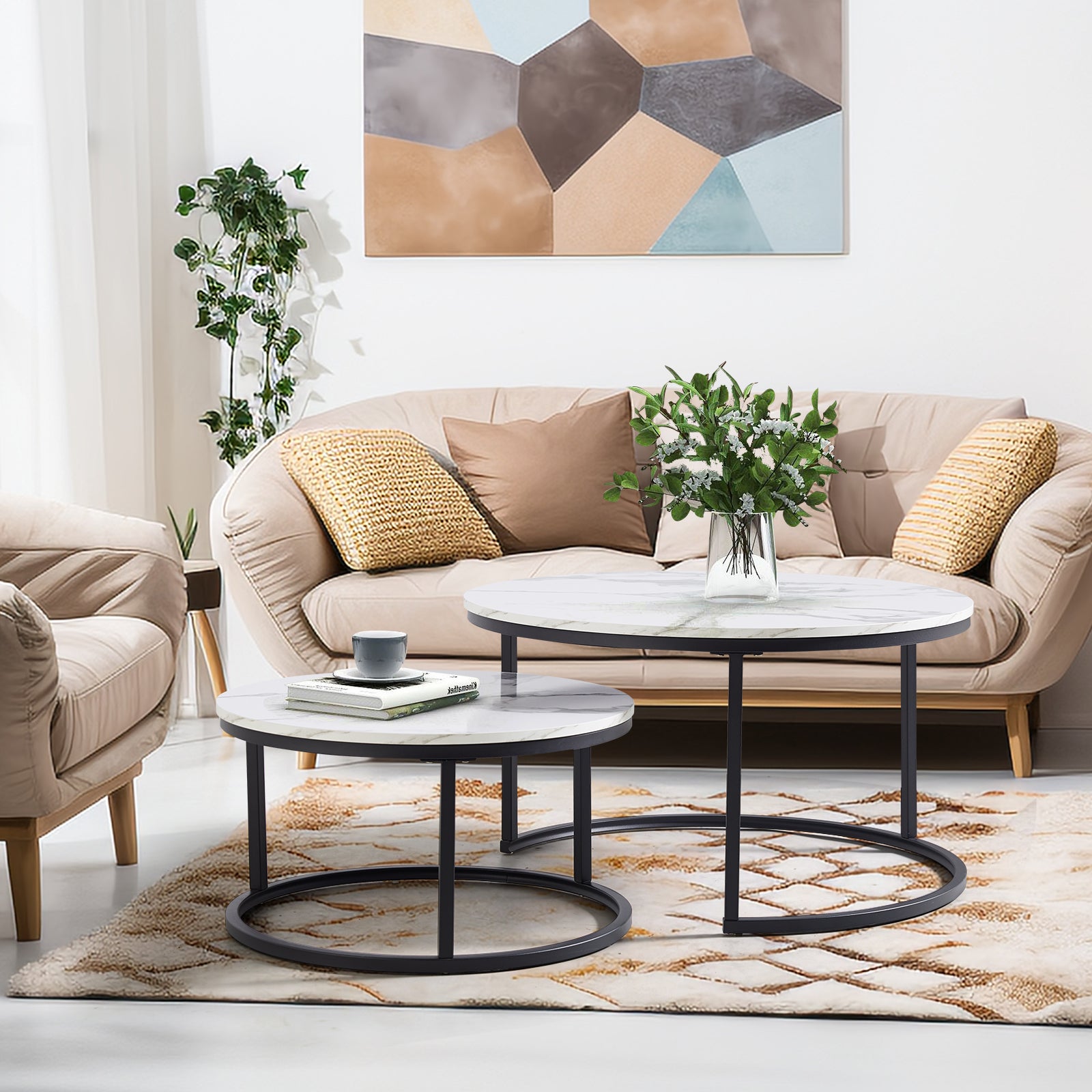 Lot De 2 Table Basse Gigogne Ronde Blanche, Plateau En Ardoise De Marbre Et Verre, Avec Tiroirs En Bois Massif | Leroy Merlin