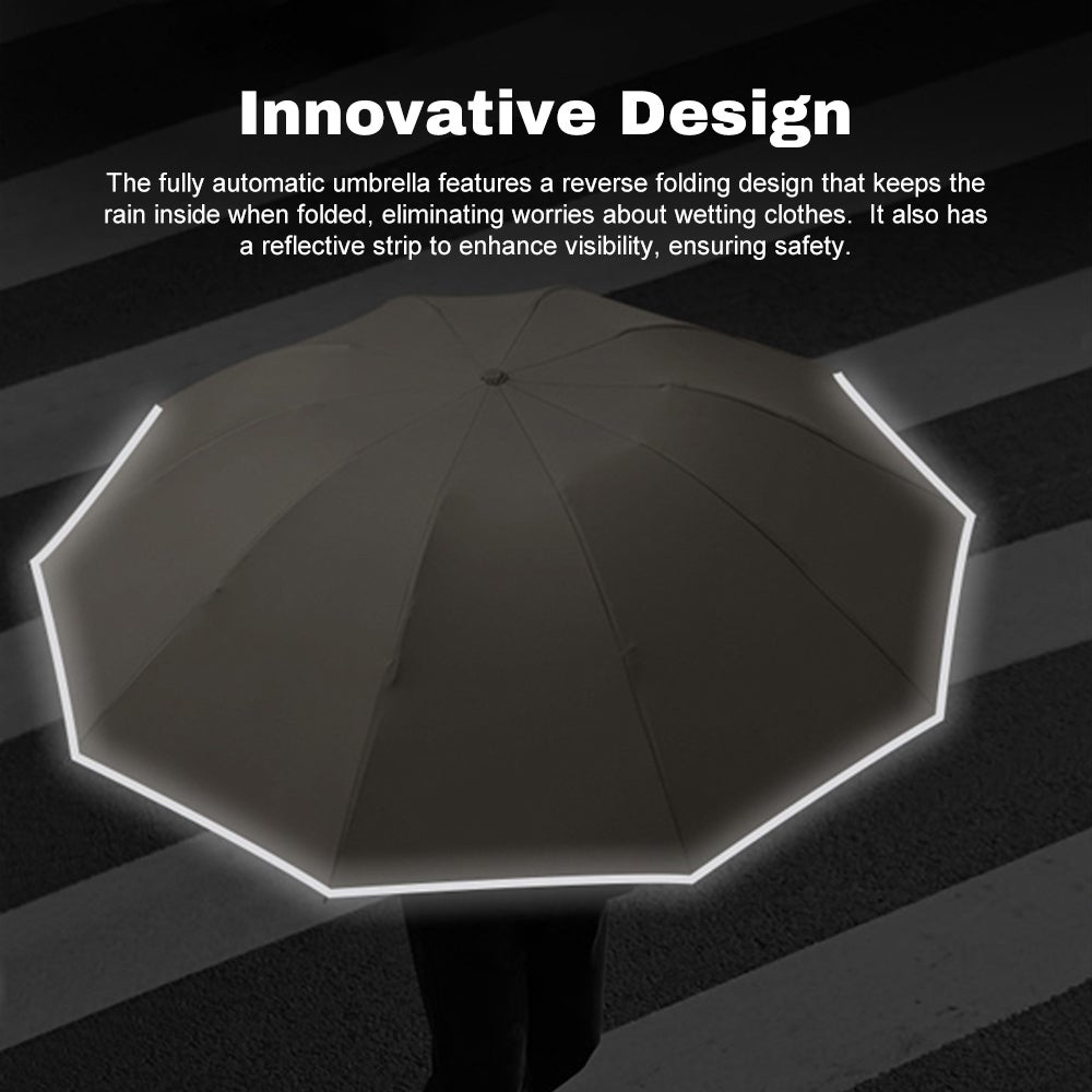 Parapluie entièrement automatique avec poignée à mousqueton, parapluie pliable inversé à 10 baleines - 3