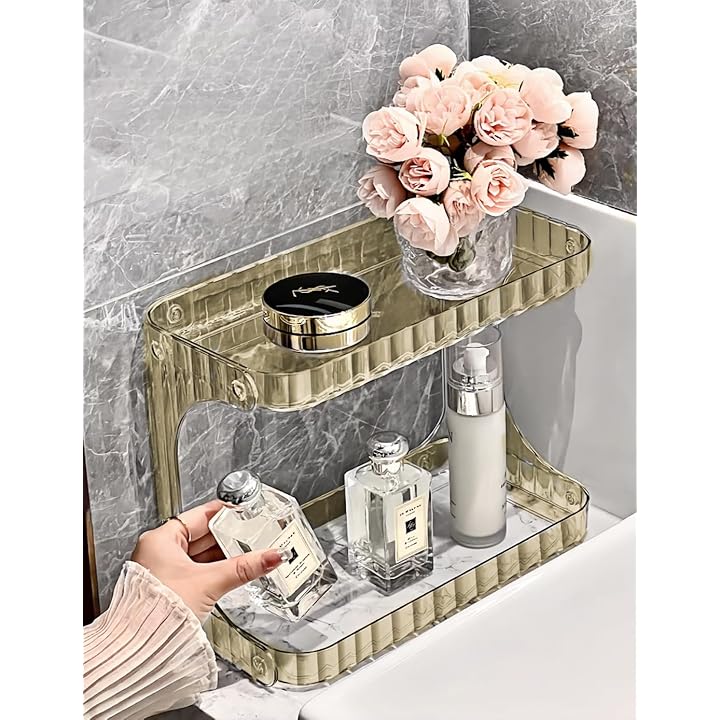 Baño de lujo ligero, estante de doble capa, lavamanos, estante de almacenamiento de productos para el cuidado de la piel, marrón ámbar - 3