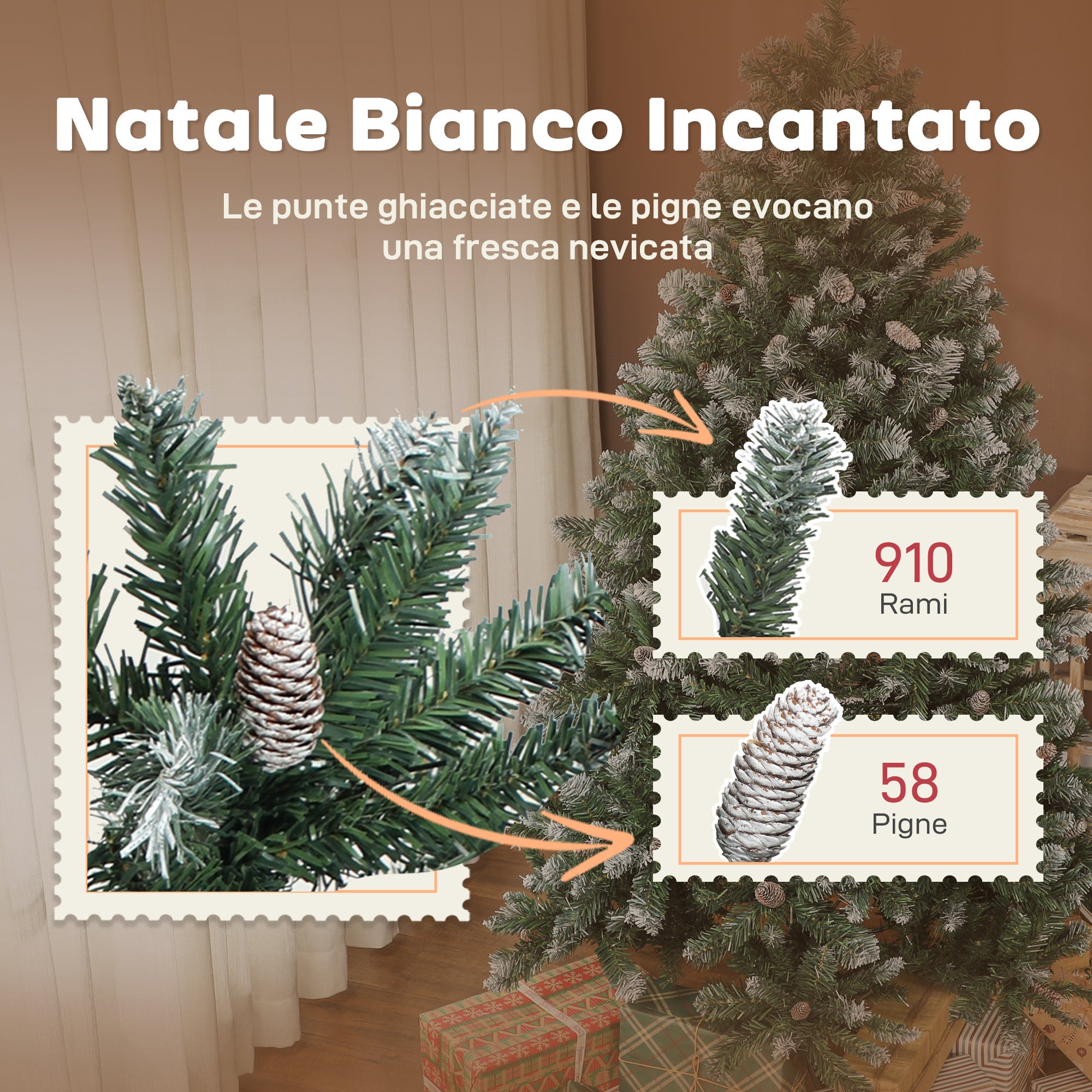 HOMCOM Albero di Natale Innevato Alto 180 cm con 910 Rami e Pigne, Base in Metallo Pieghevole, Verde - 5