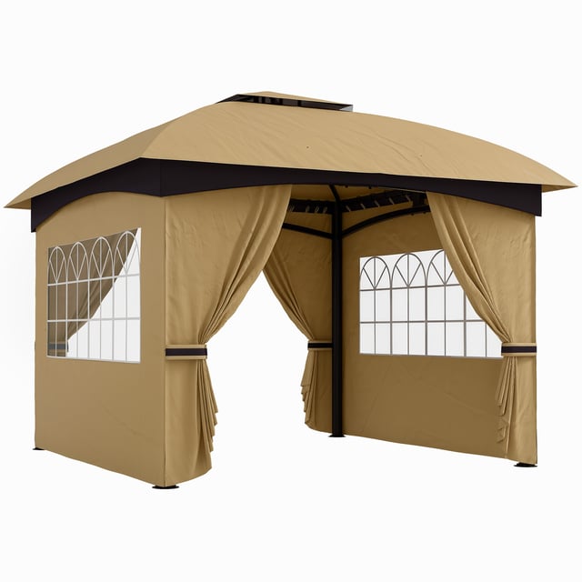 Pavillon Pop-Up 3.4x3.4 m con Protezione UV20+, Doppio Tetto e 4 Pareti, Gazebo in Metallo Zincato per Giardino Beige