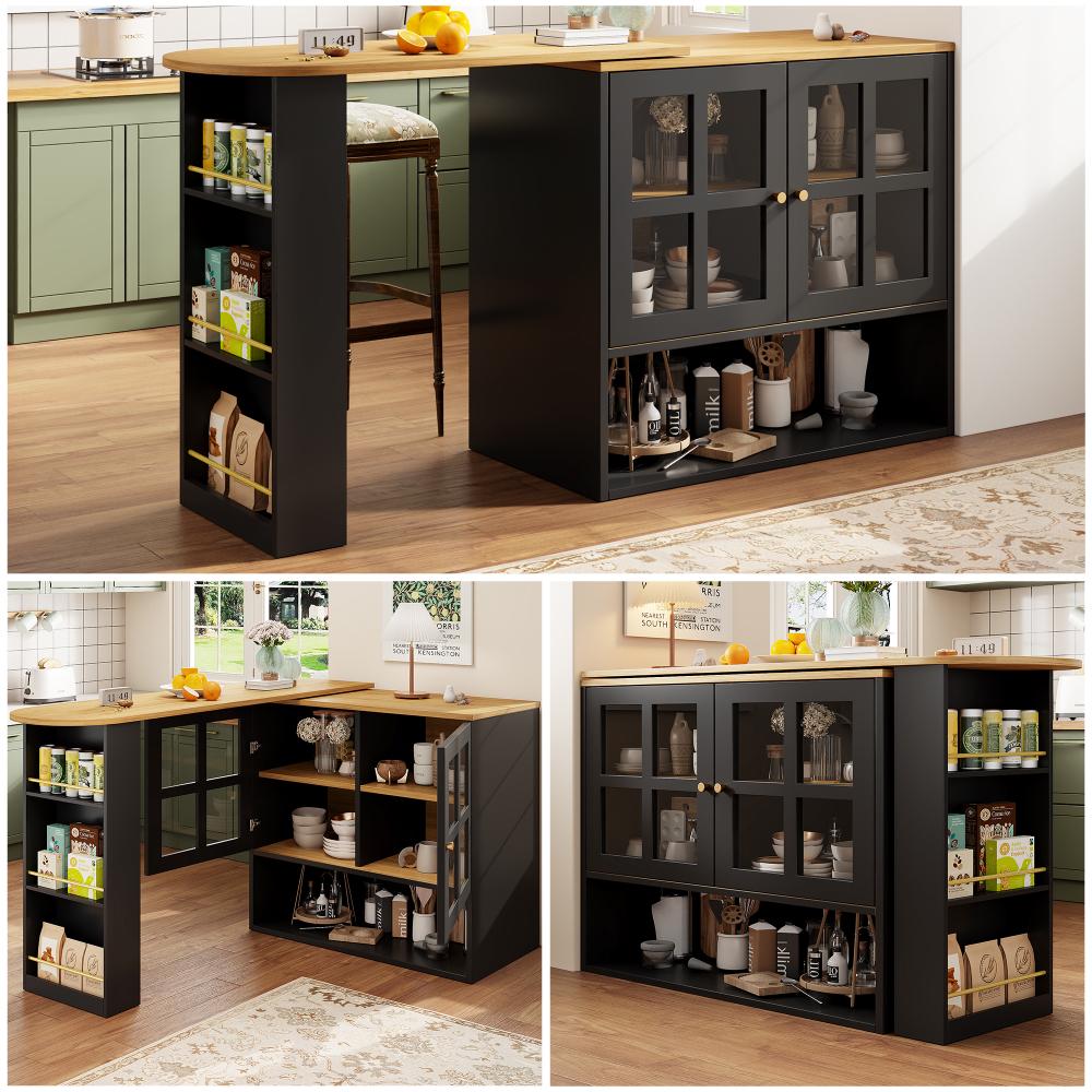 Obrotowa komoda 360° w kolorze czarnym, z 5 półkami, szklanymi drzwiczkami, metalowymi uchwytami, rozsuwana do 204 cm, do salonu, sypialni, jadalni