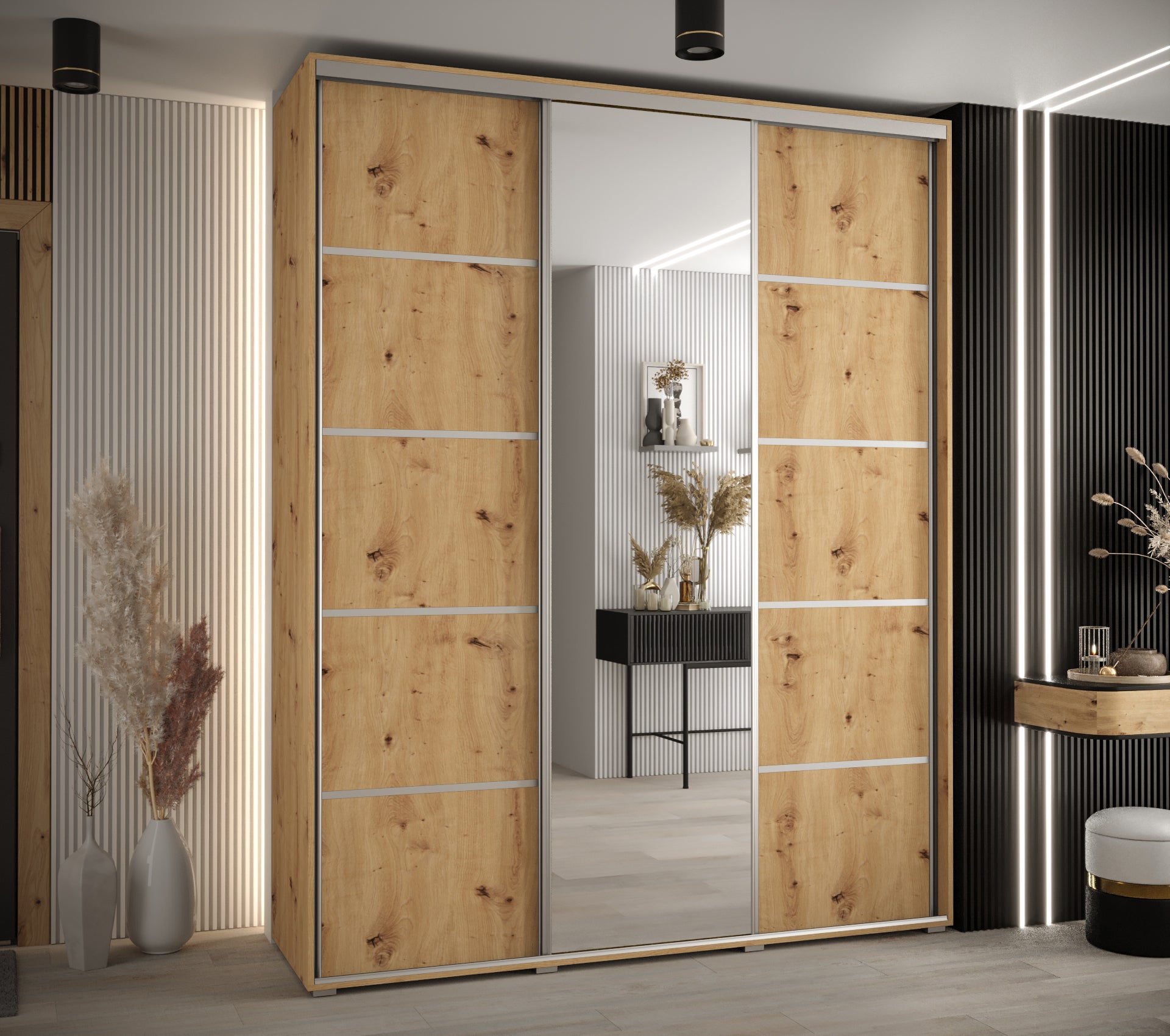 Szafa przesuwna z lustrem wysoka Davos 5 190 x 45 x 235,2 cm artisan + artisan + u. srebrny - Abiks Meble - 2